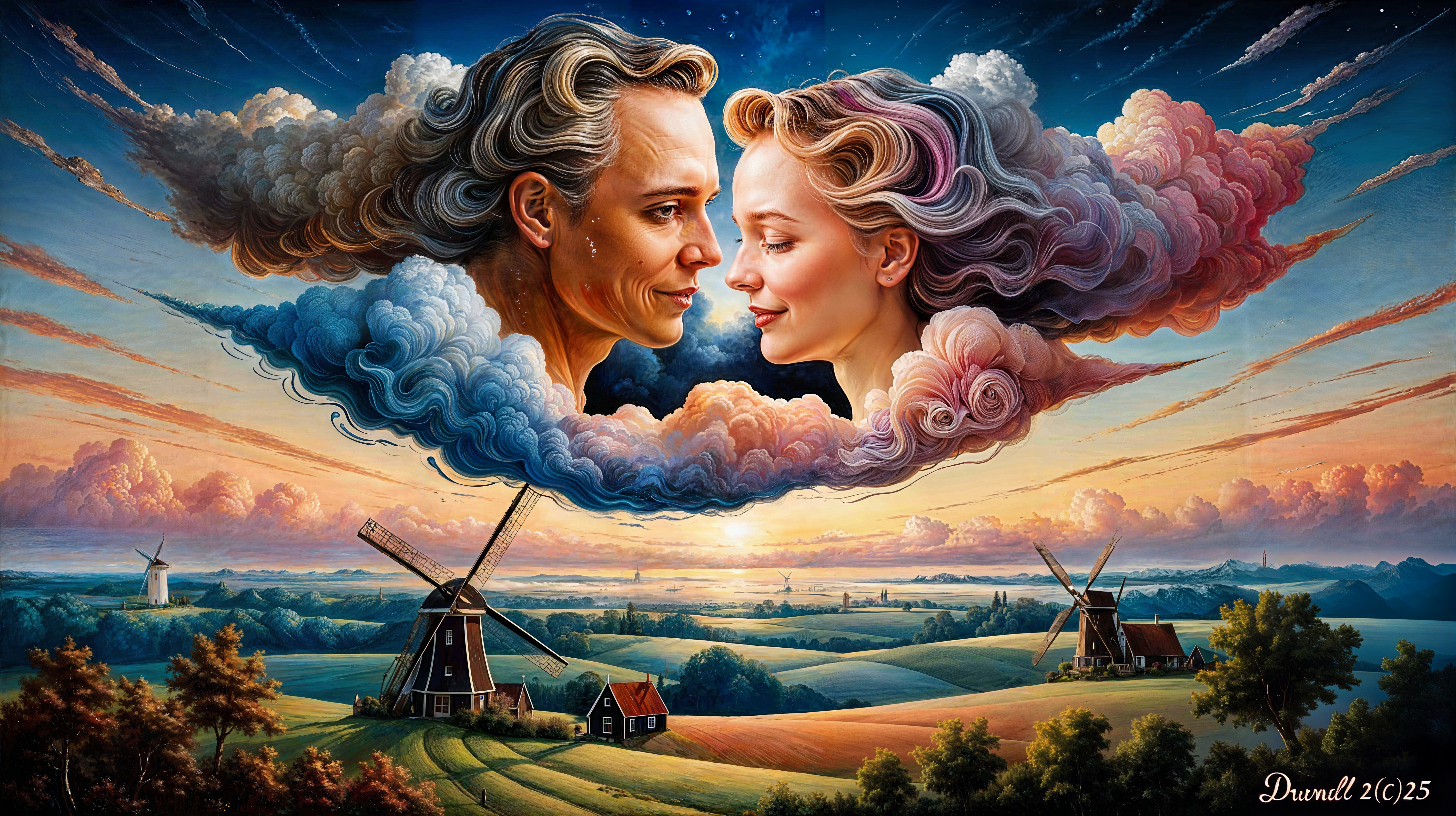Ethereal Figures Merging with Vibrant Clouds and Landscape