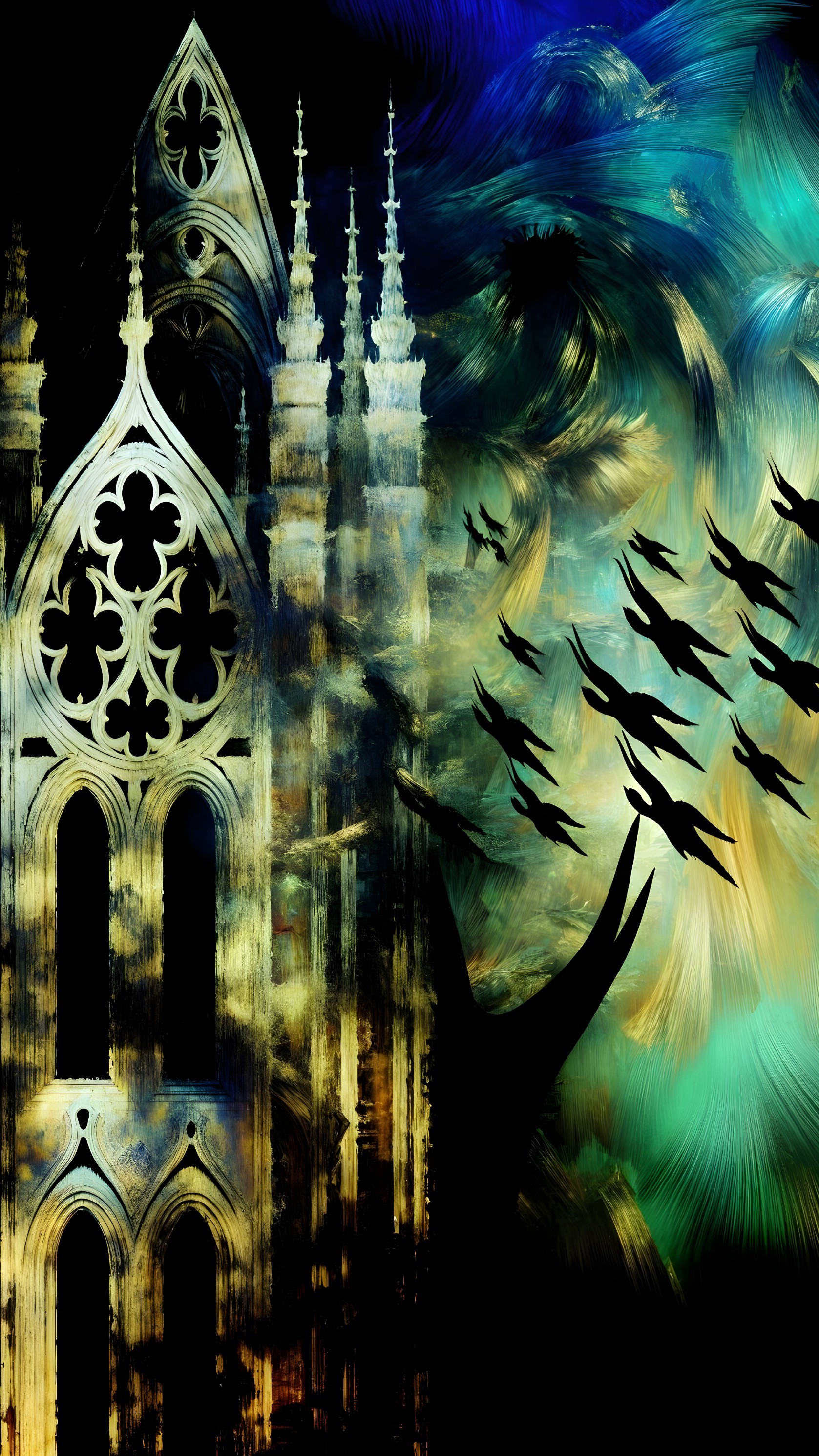 Gothic Church with Colorful Abstract Background and Birds