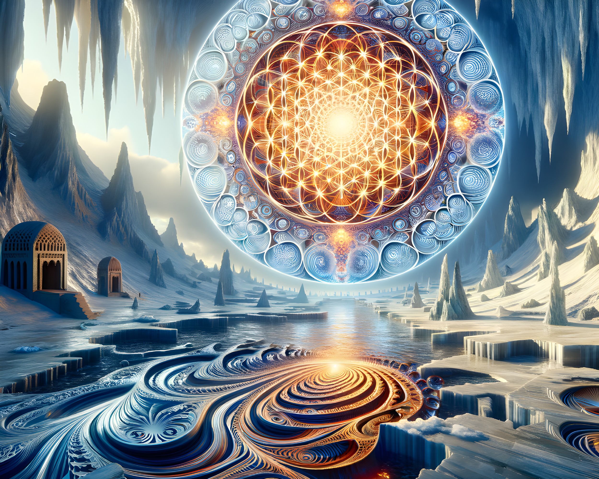 Surreal icy landscape with radiant mandala over frozen river