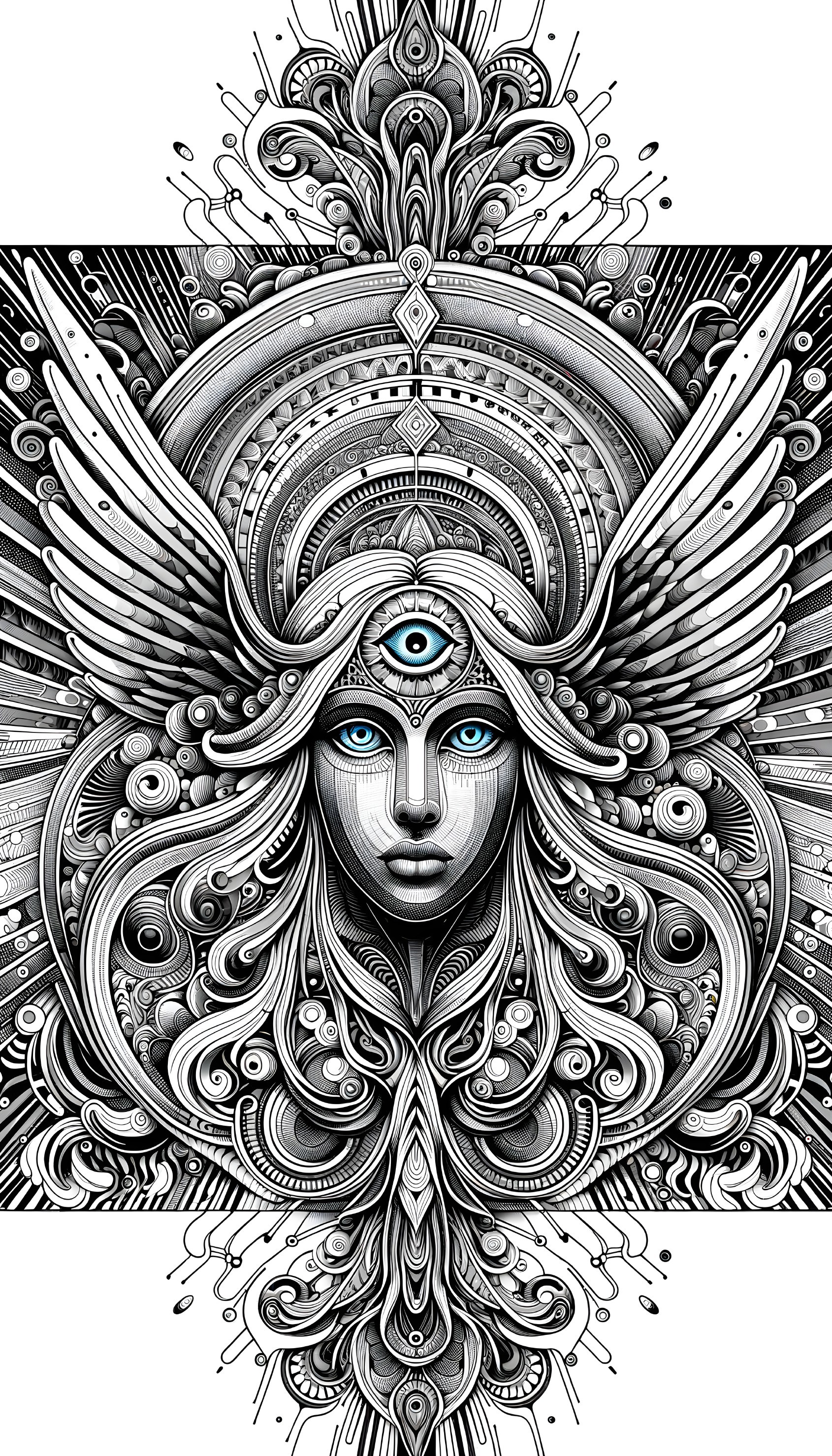 Intricate Black and White Illustration of Ethereal Figure