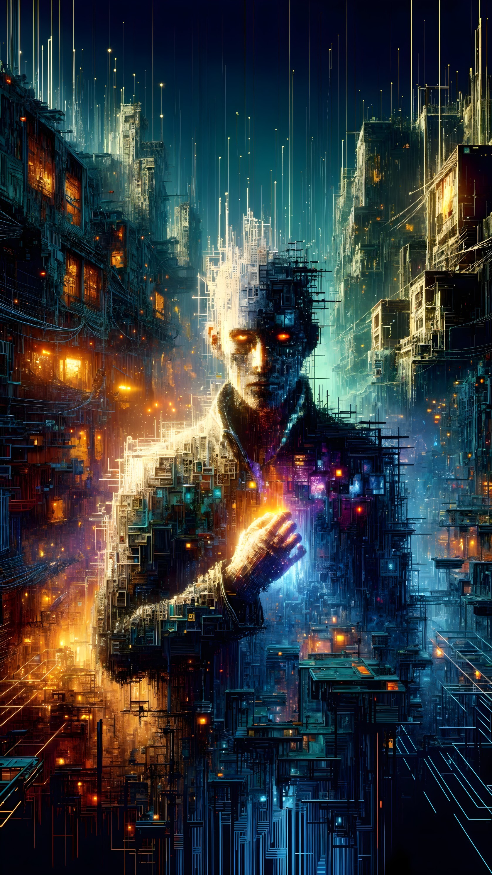Futuristic Figure in Vibrant Pixelated Cityscape