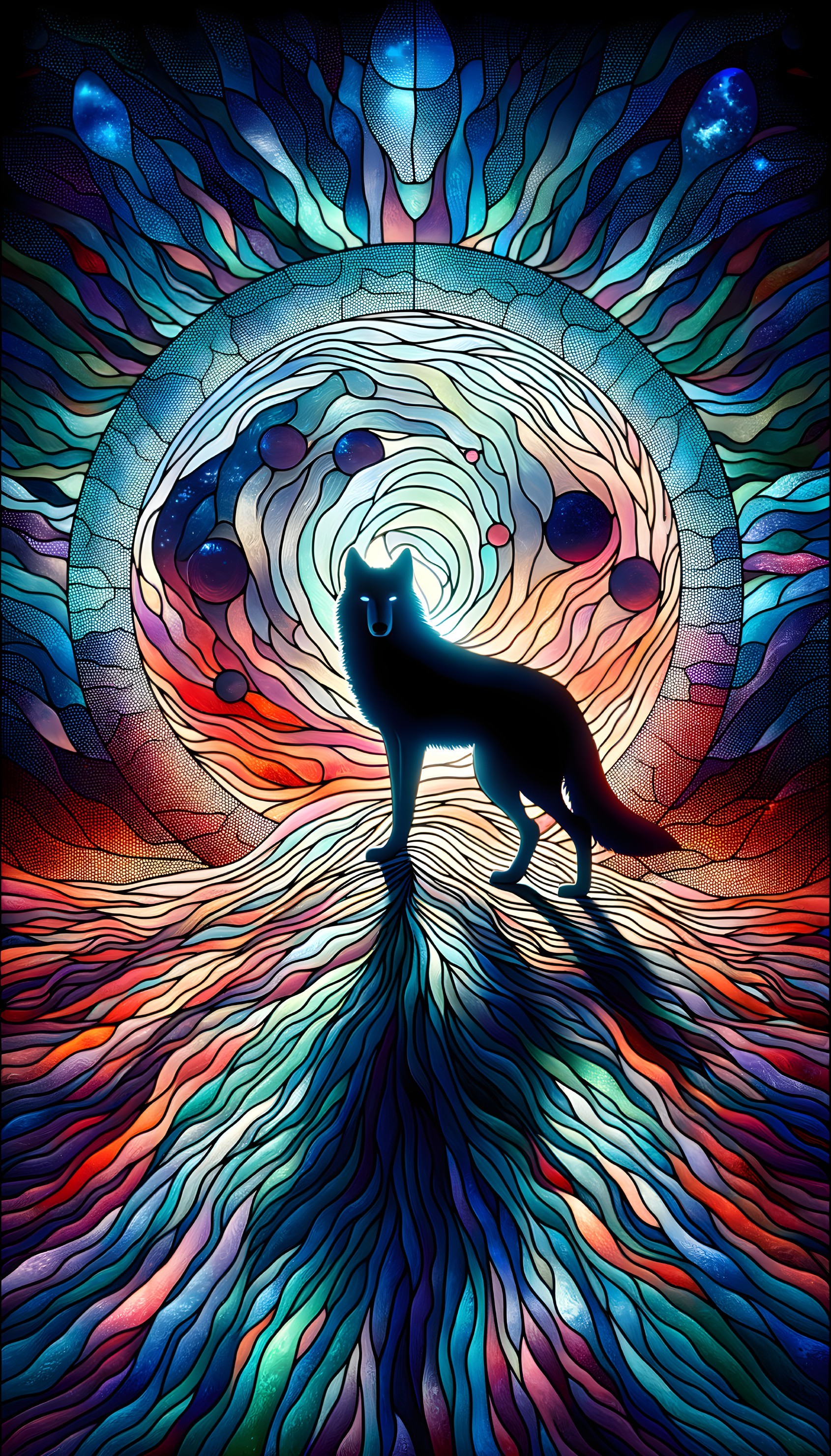 Wolf Silhouette Against Vibrant Cosmic Background