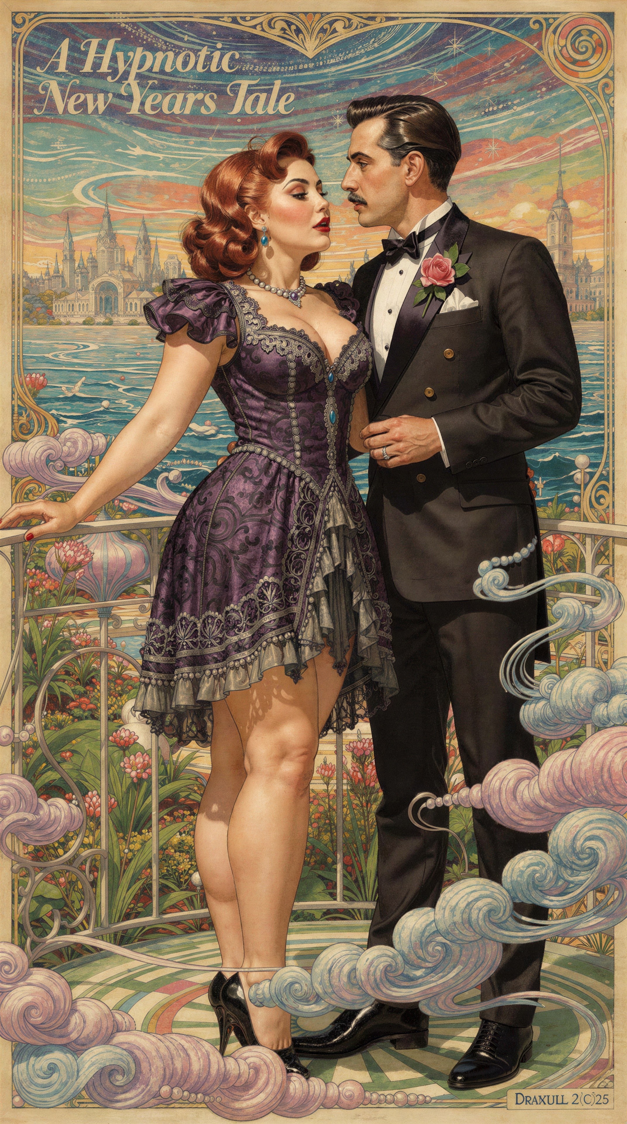 Vintage Illustration of Couple in Formal Attire on Balcony