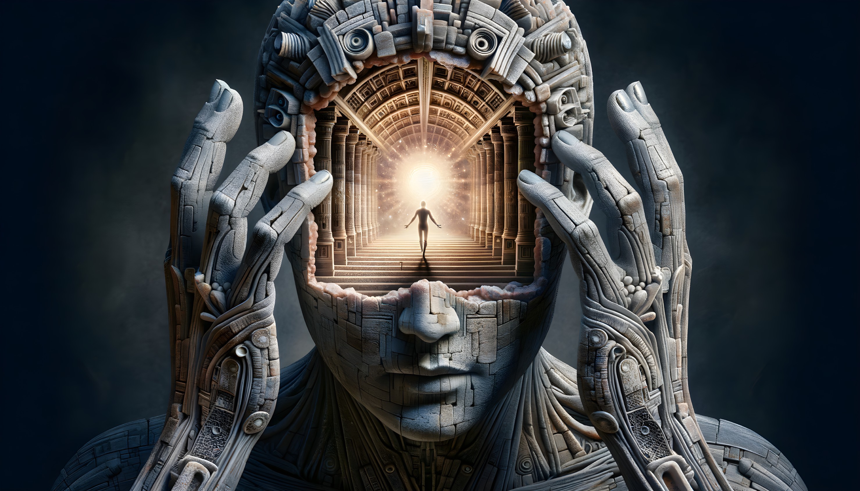 Symbolic AI Entity with Human Silhouette in Doorway