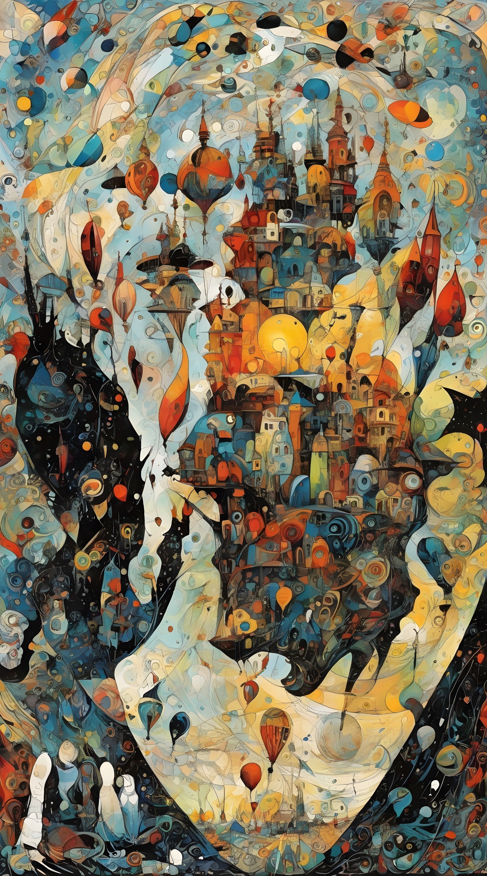 Colorful fantasy cityscape with hot air balloons and turrets