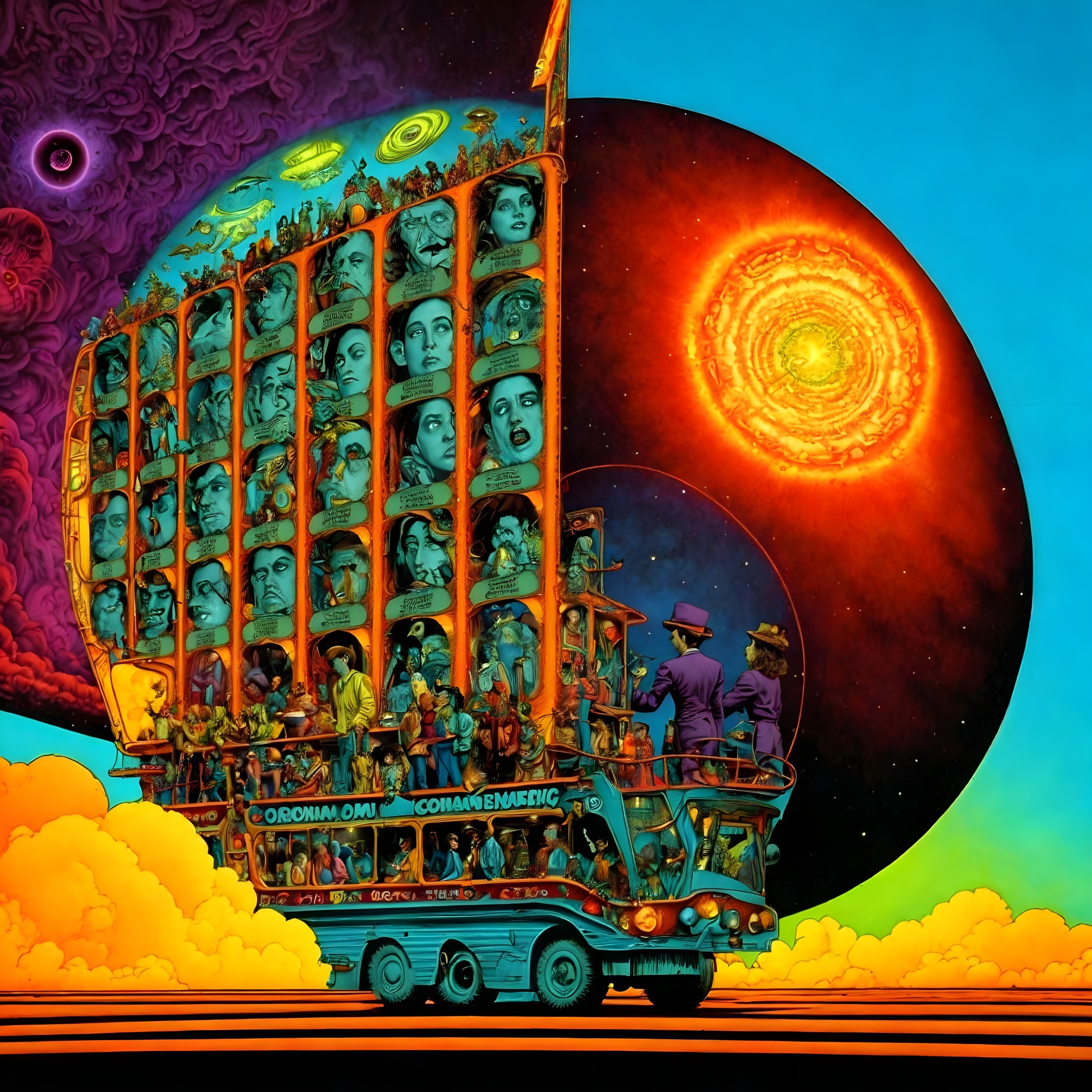 Psychedelic Bus in Surreal Vibrant Landscape