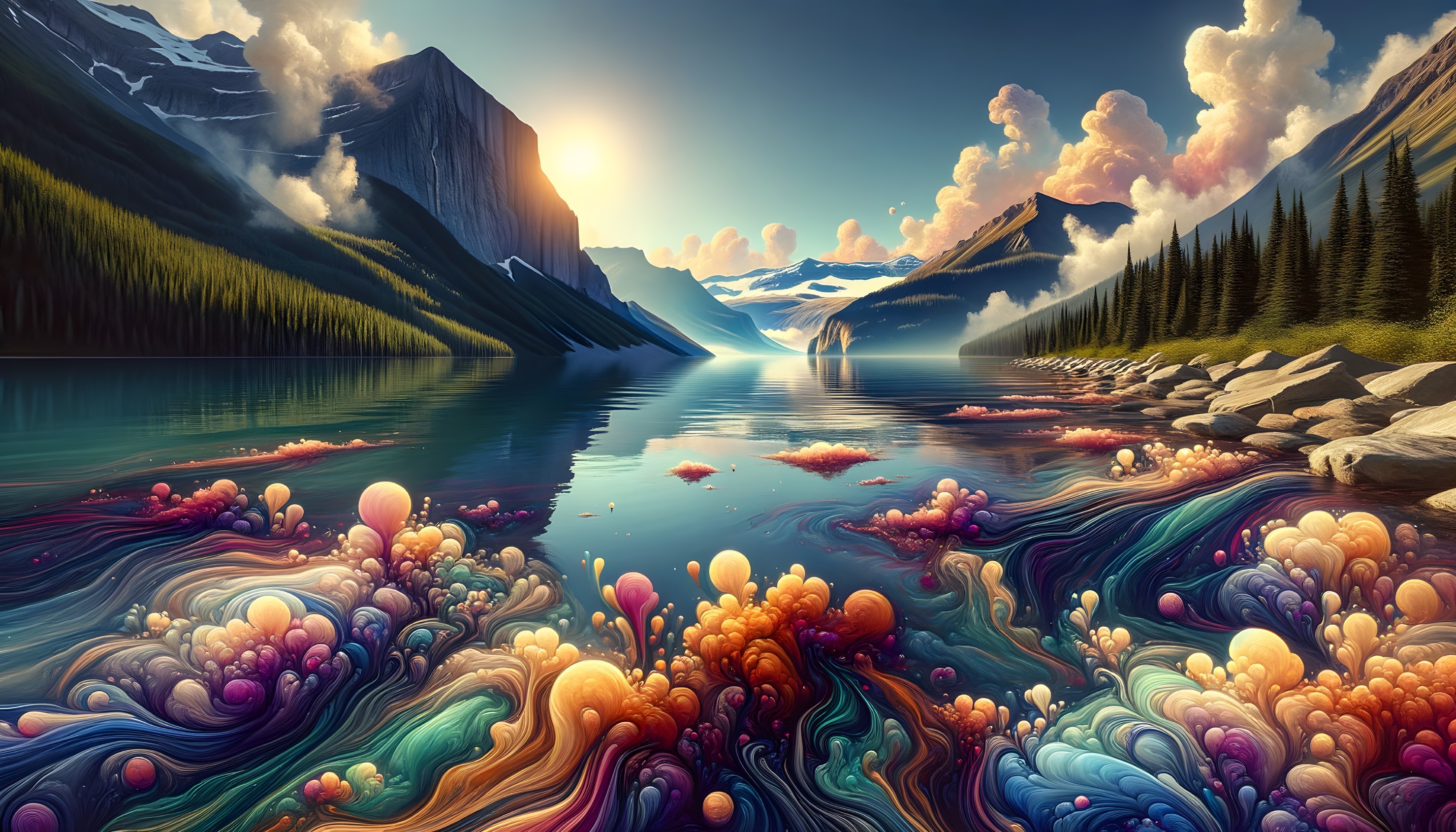 Surreal Landscape with Tranquil Lake and Mountains