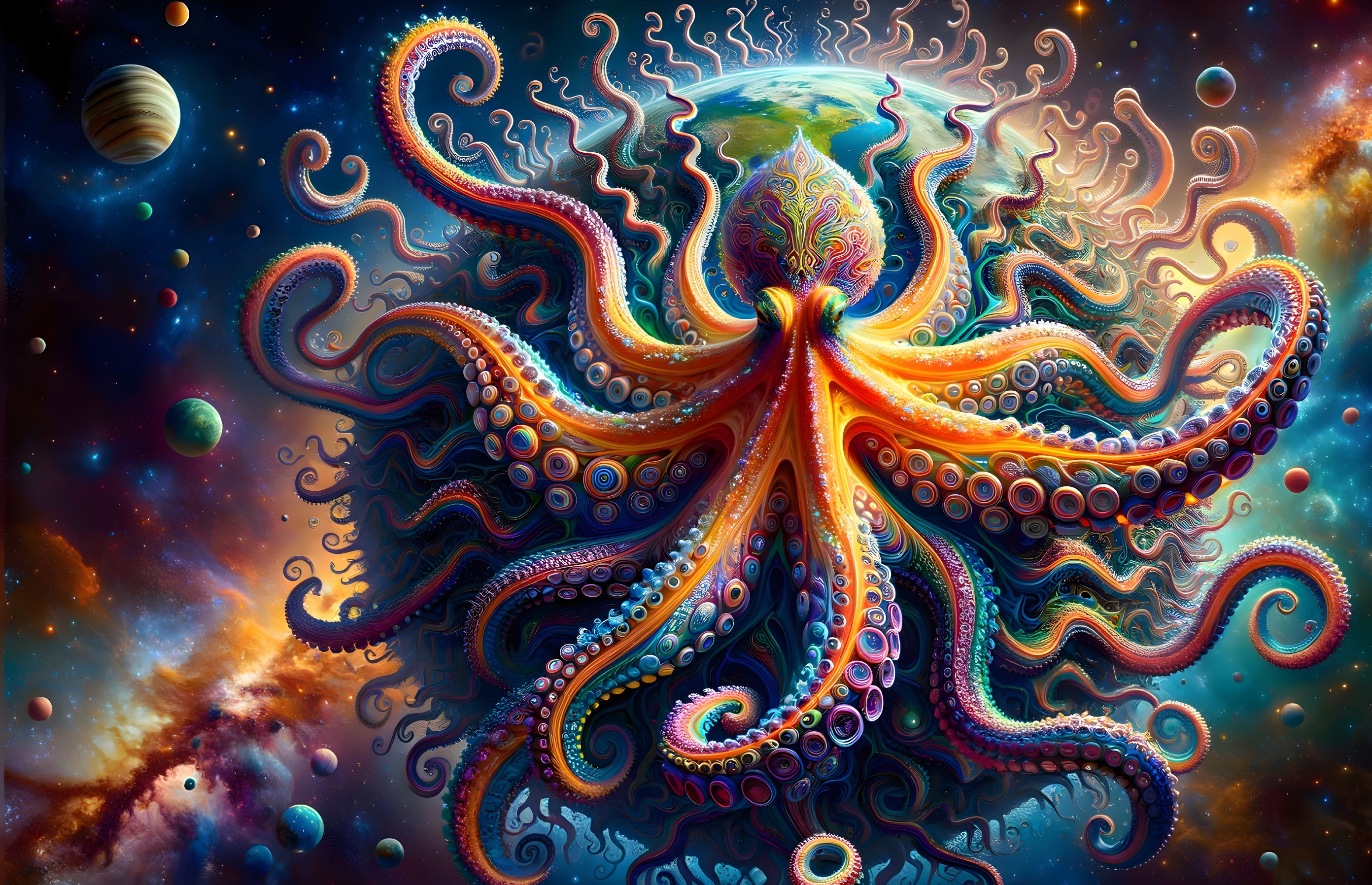 Colorful cosmic octopus in starry space with intricate patterns