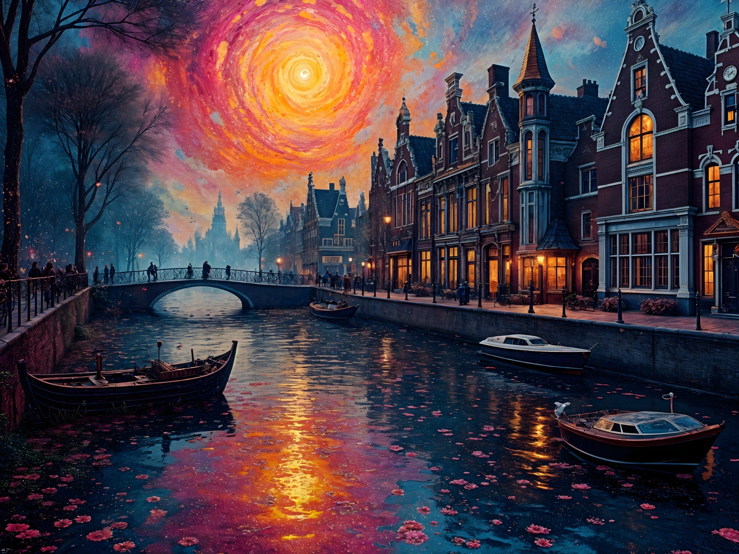 Twilight Canal Scene with Historic Buildings and Flowers