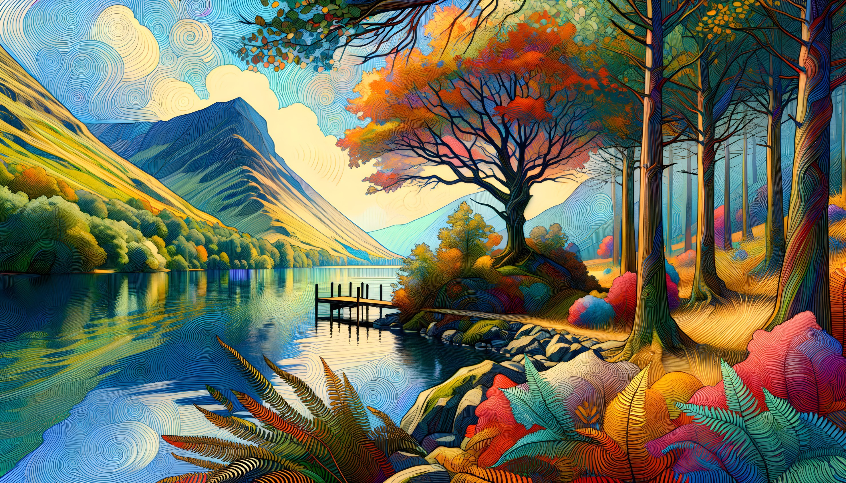 Vibrant Landscape with Lake and Autumn Foliage