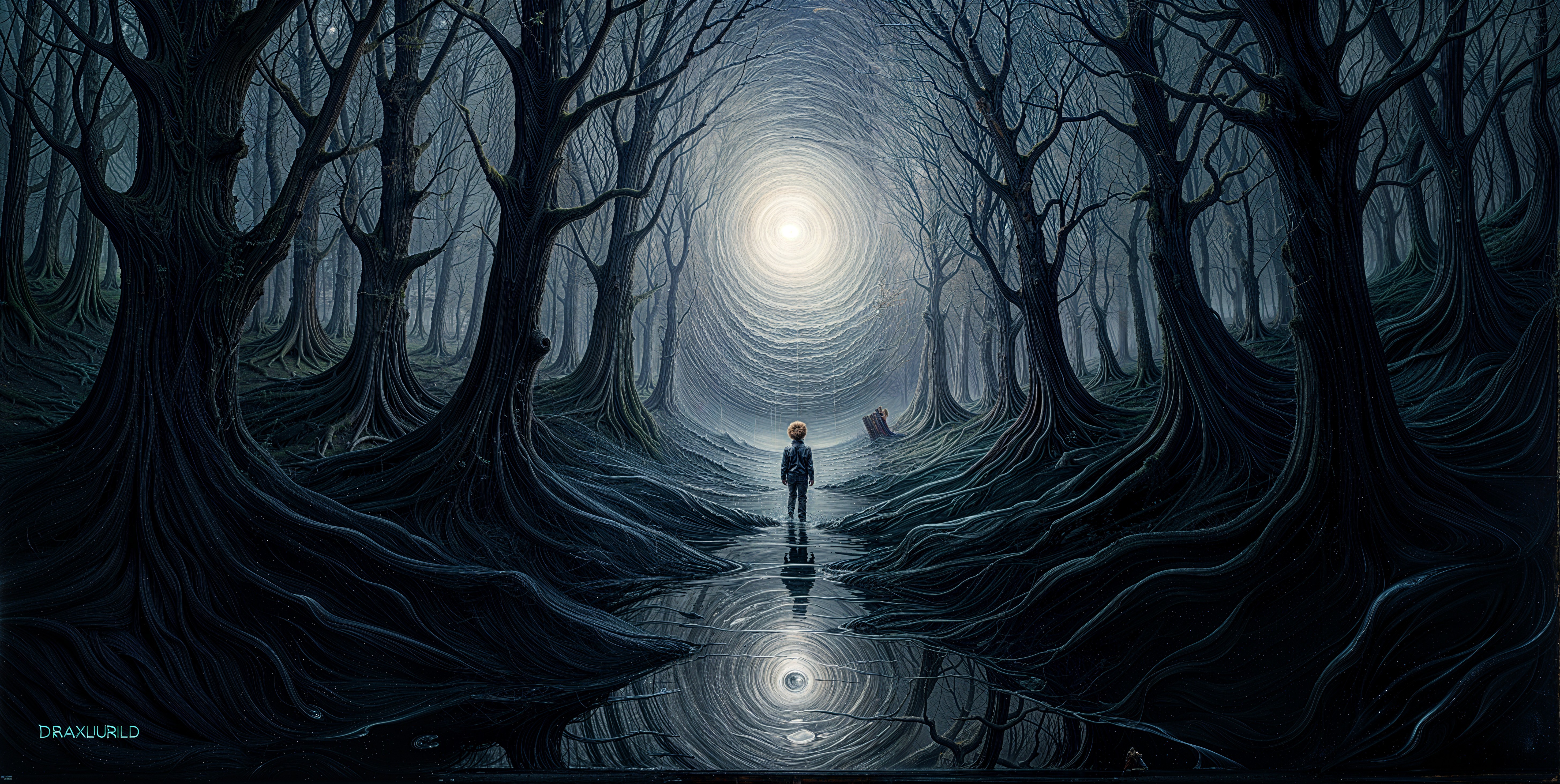 Surreal Forest with Glowing Vortex and Reflective Pool