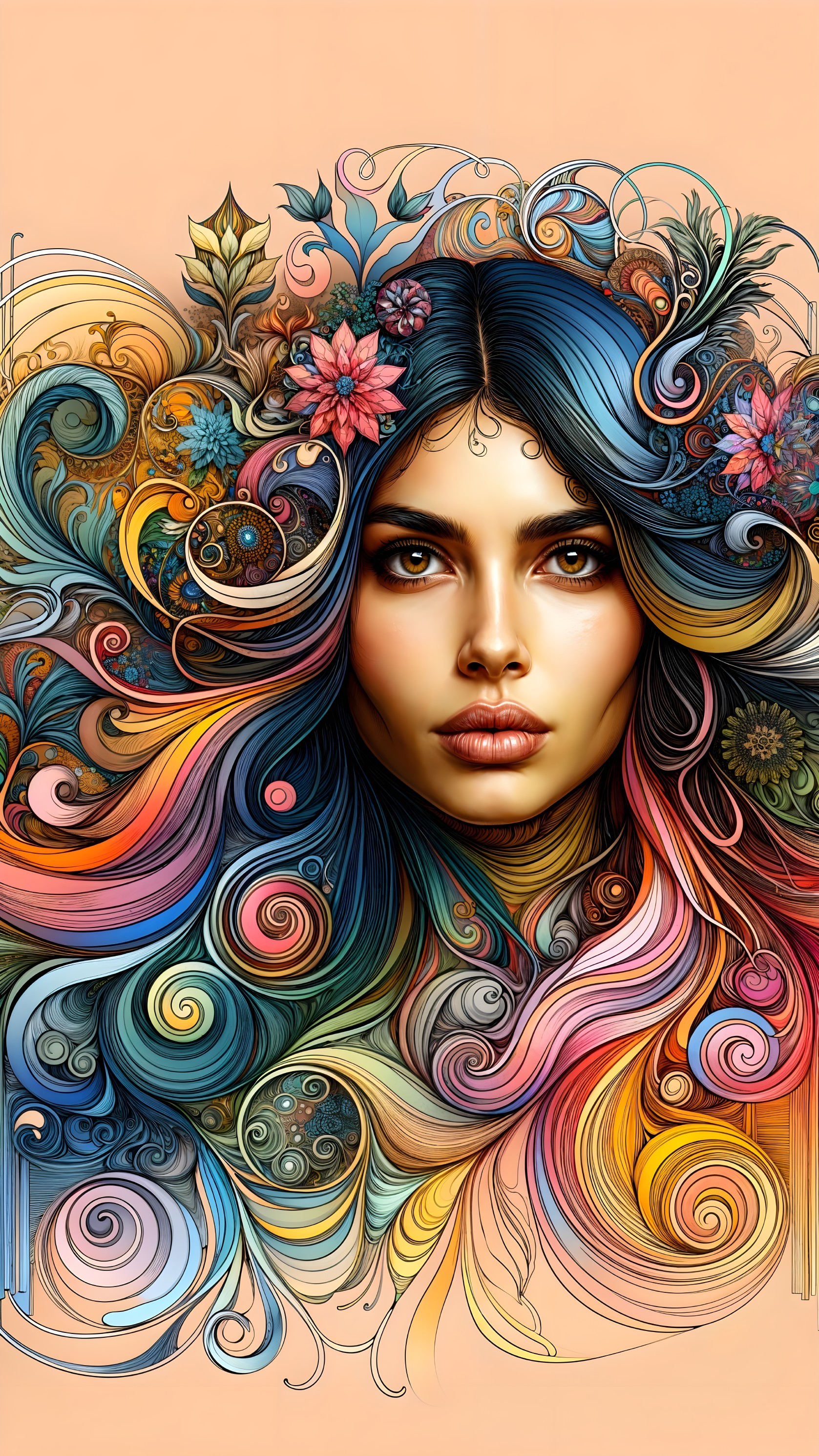 Stylized portrait of a woman with vibrant hair and flowers