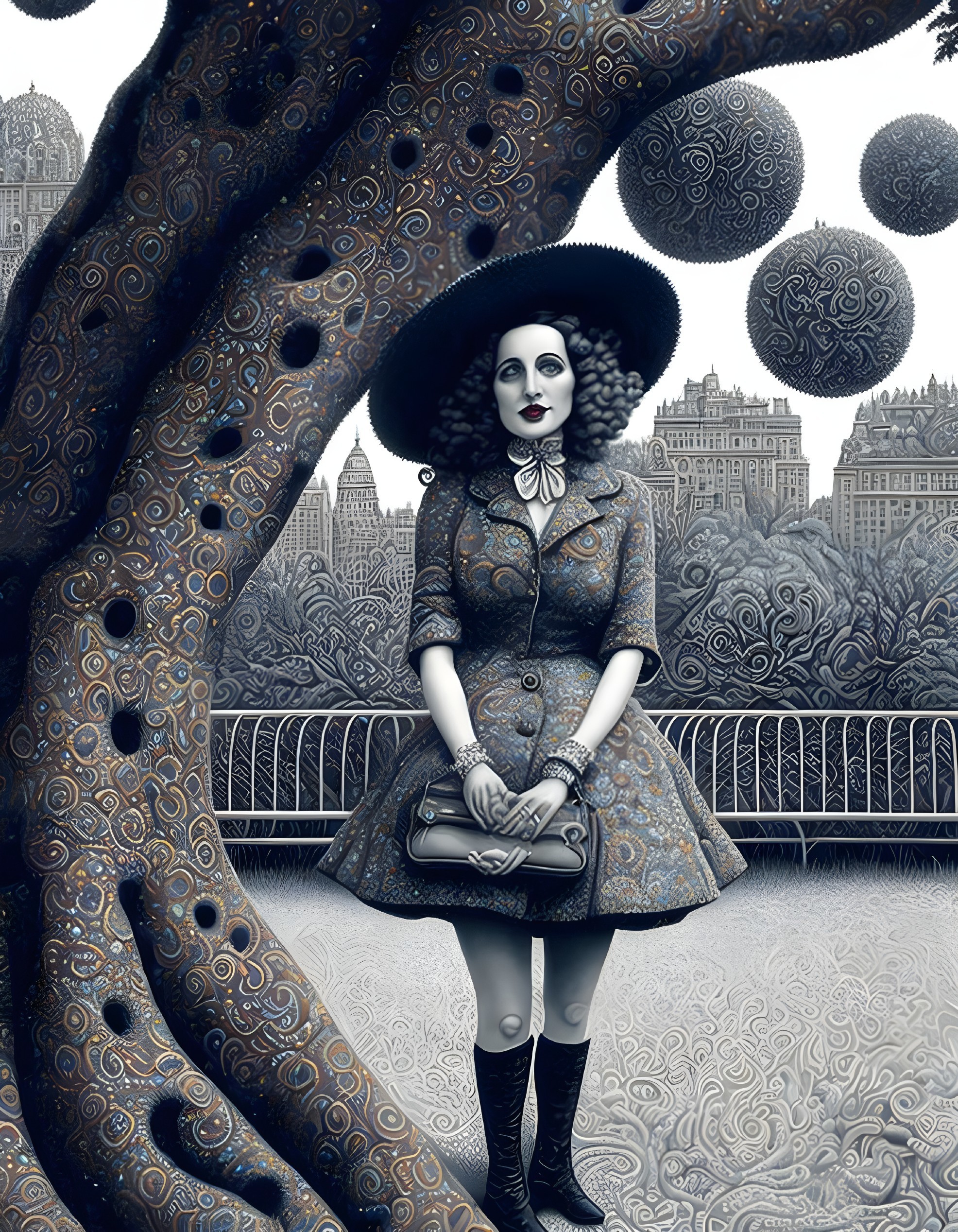 Woman in patterned dress beneath textured tree