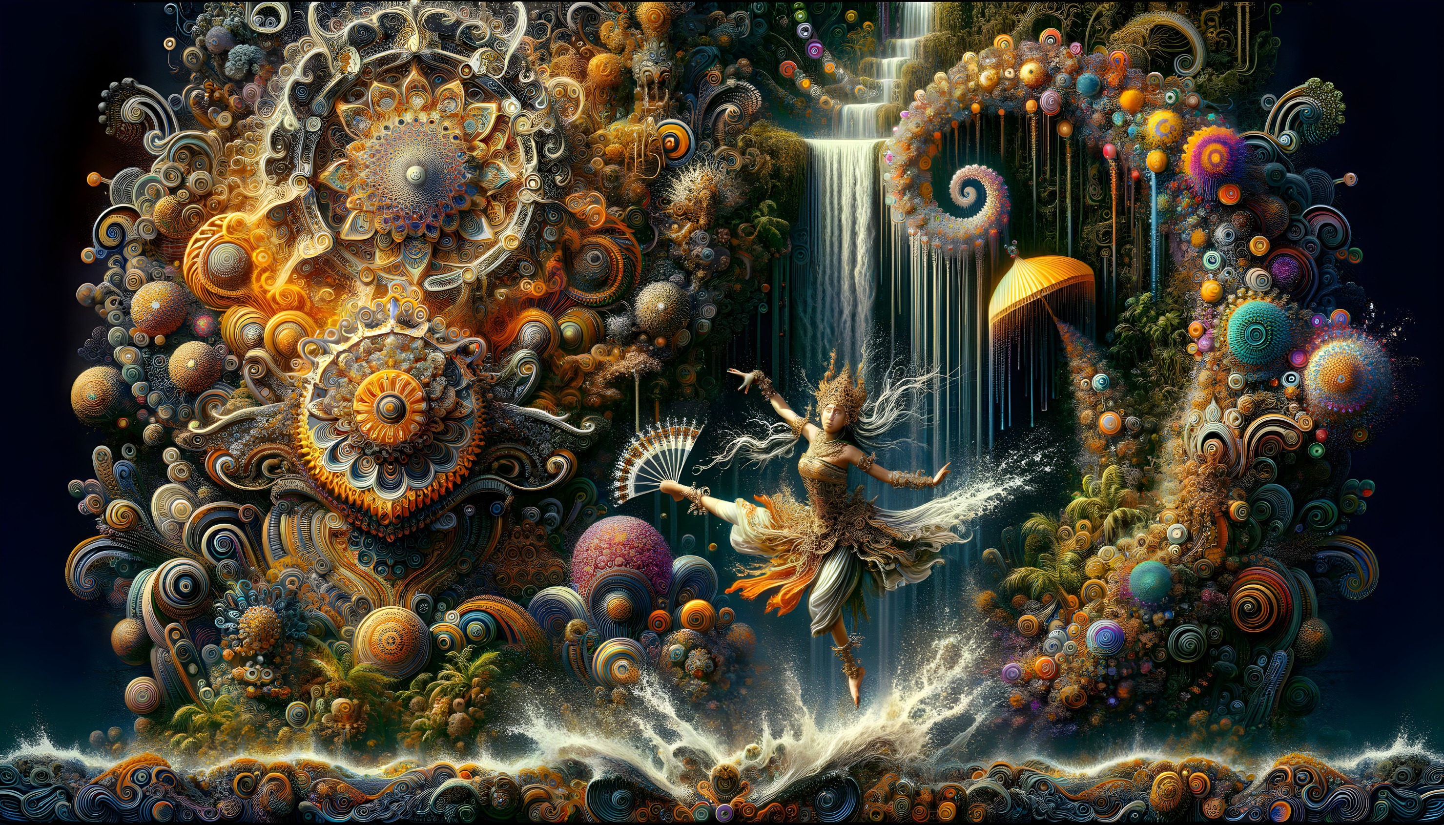Mystical winged figure dances in vibrant fantasy landscape