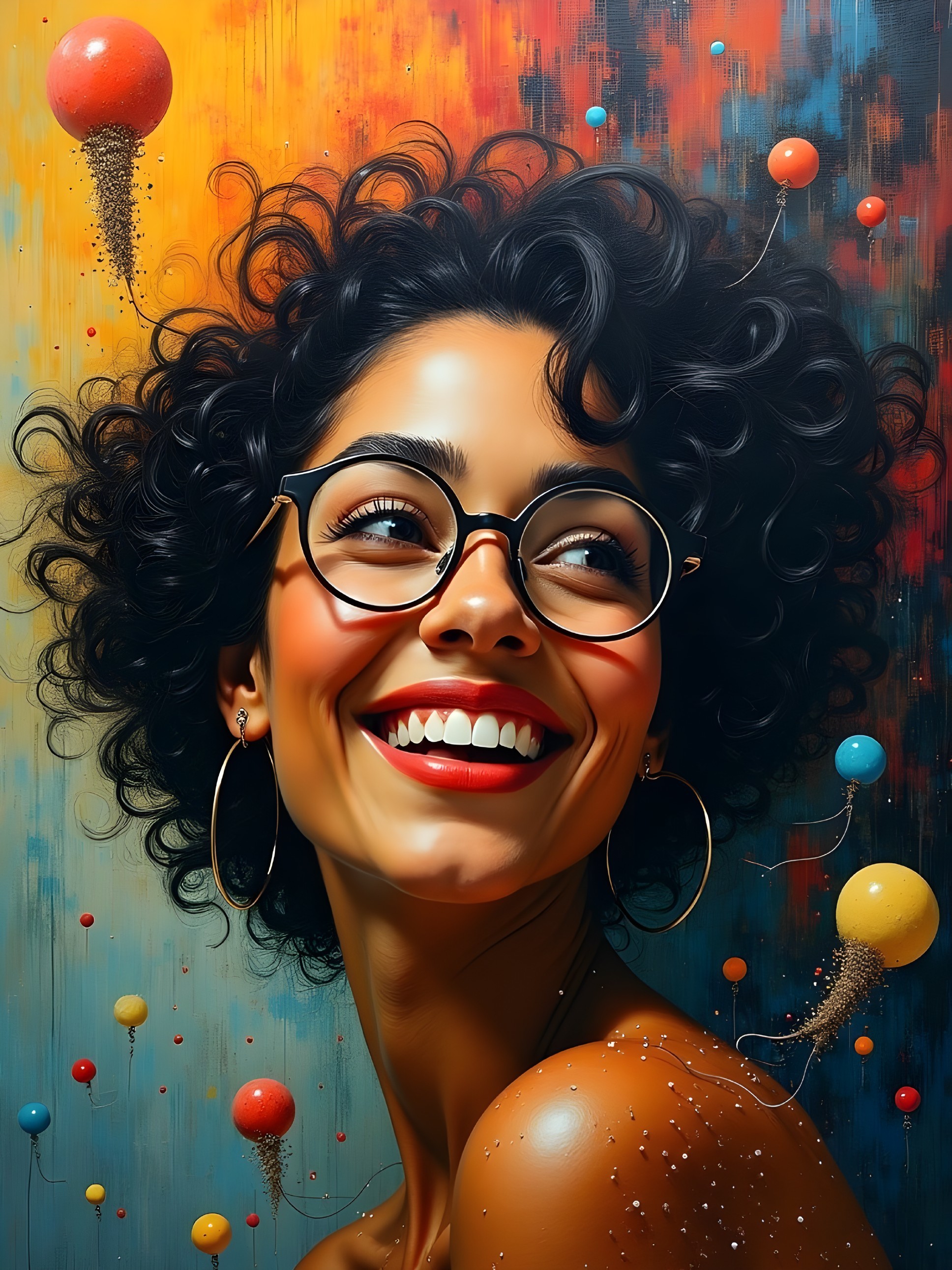 Joyful Woman with Curly Hair in Vibrant Abstract Scene