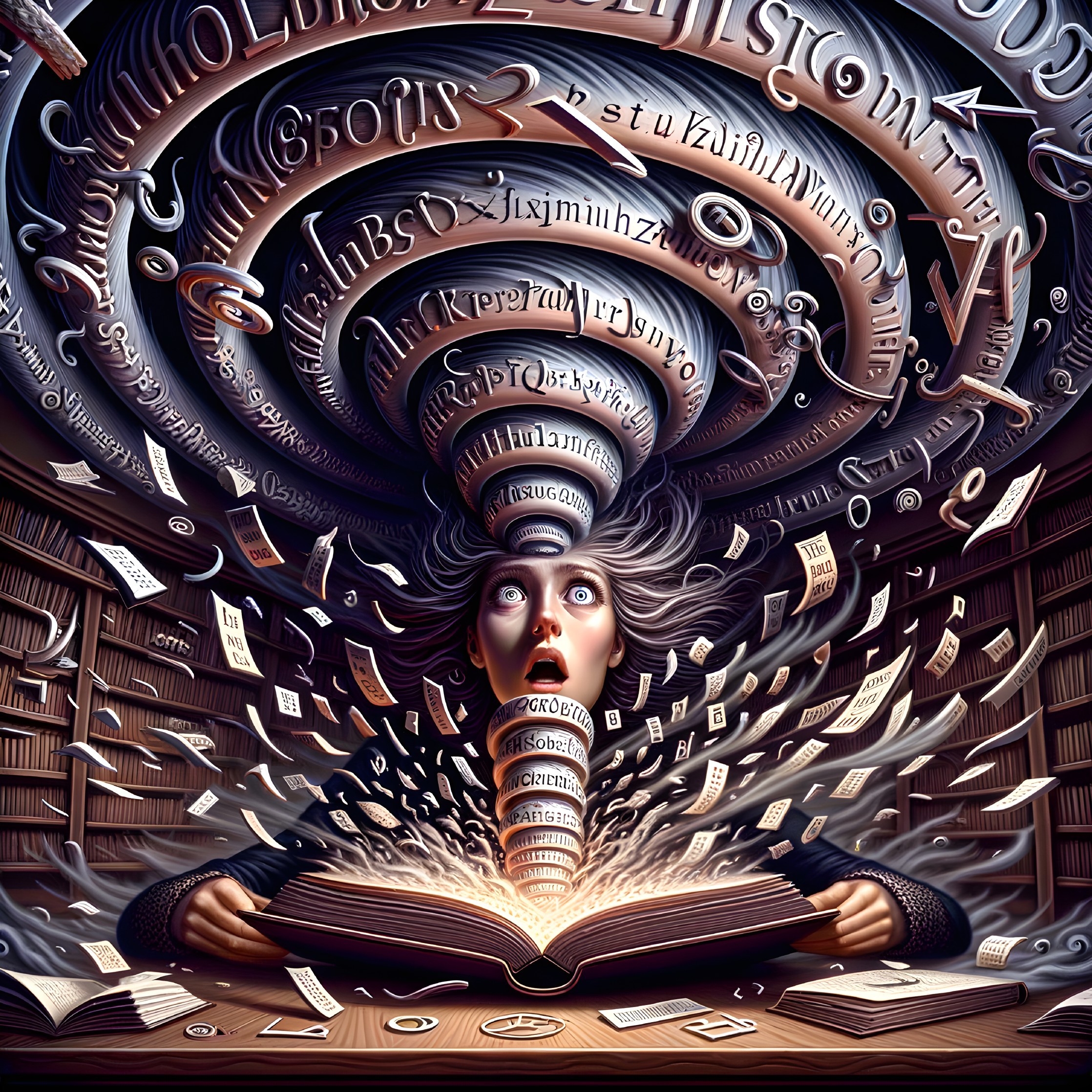 Illustration: Person with book, head explodes into letters and books symbolizing knowledge influx.