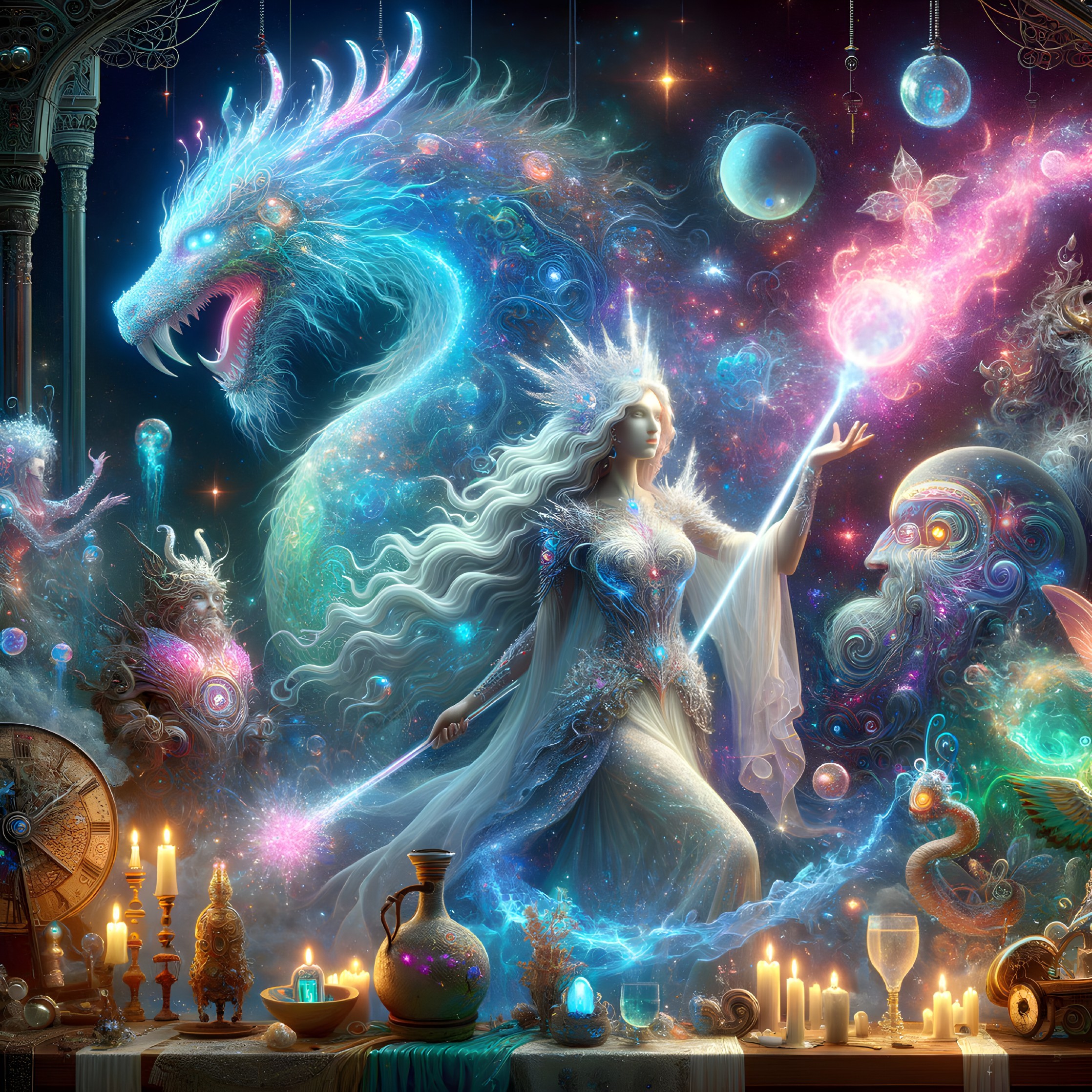 Celestial woman with dragons and cosmic elements in vibrant style