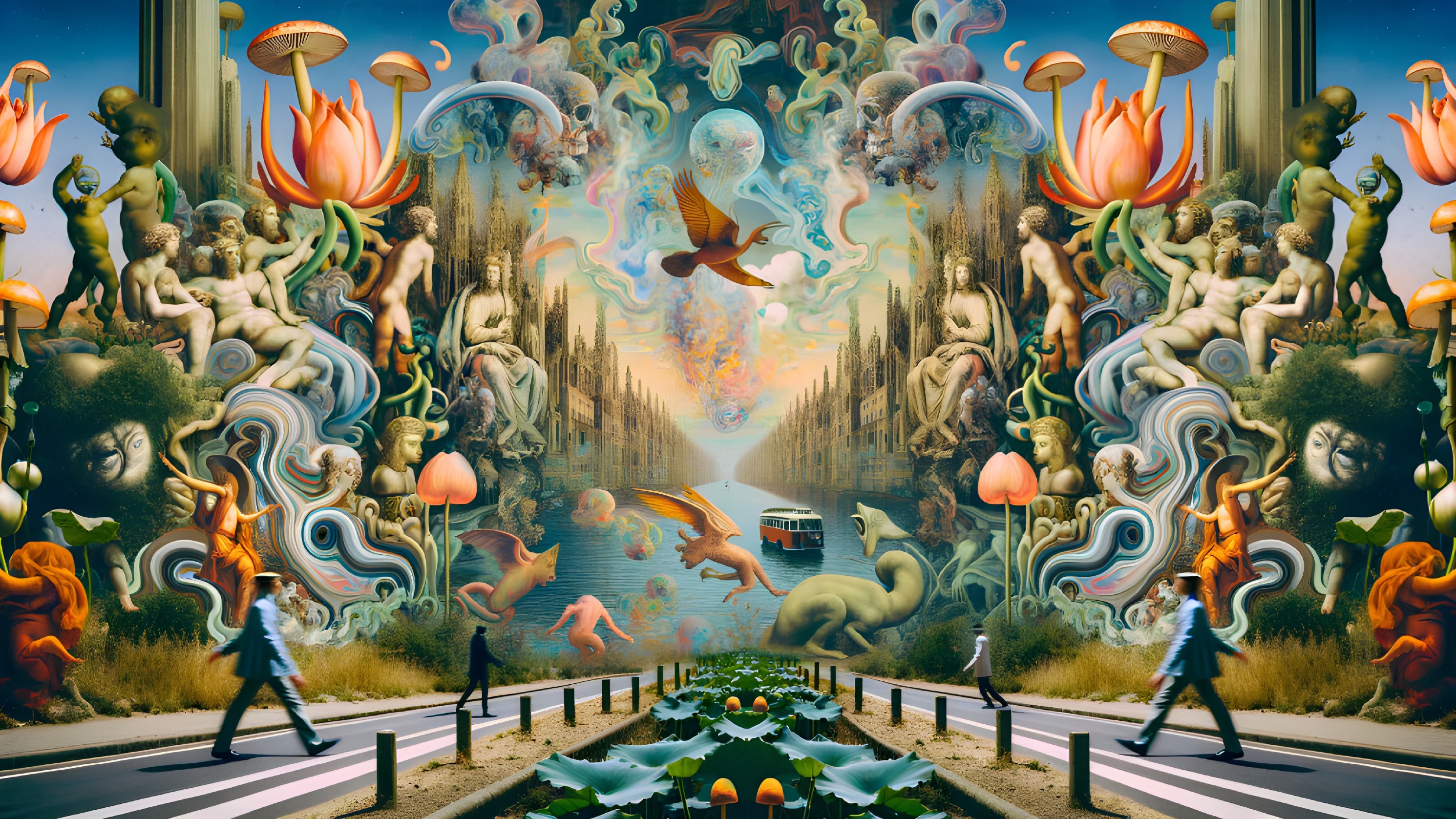 Surreal Landscape with Vibrant Colors and Mystical Figures