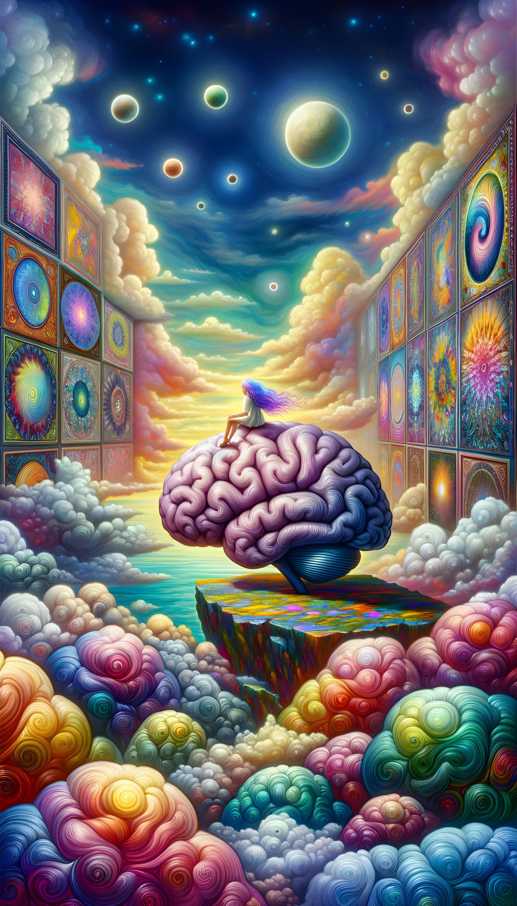 Surreal landscape with large brain, person, colorful clouds
