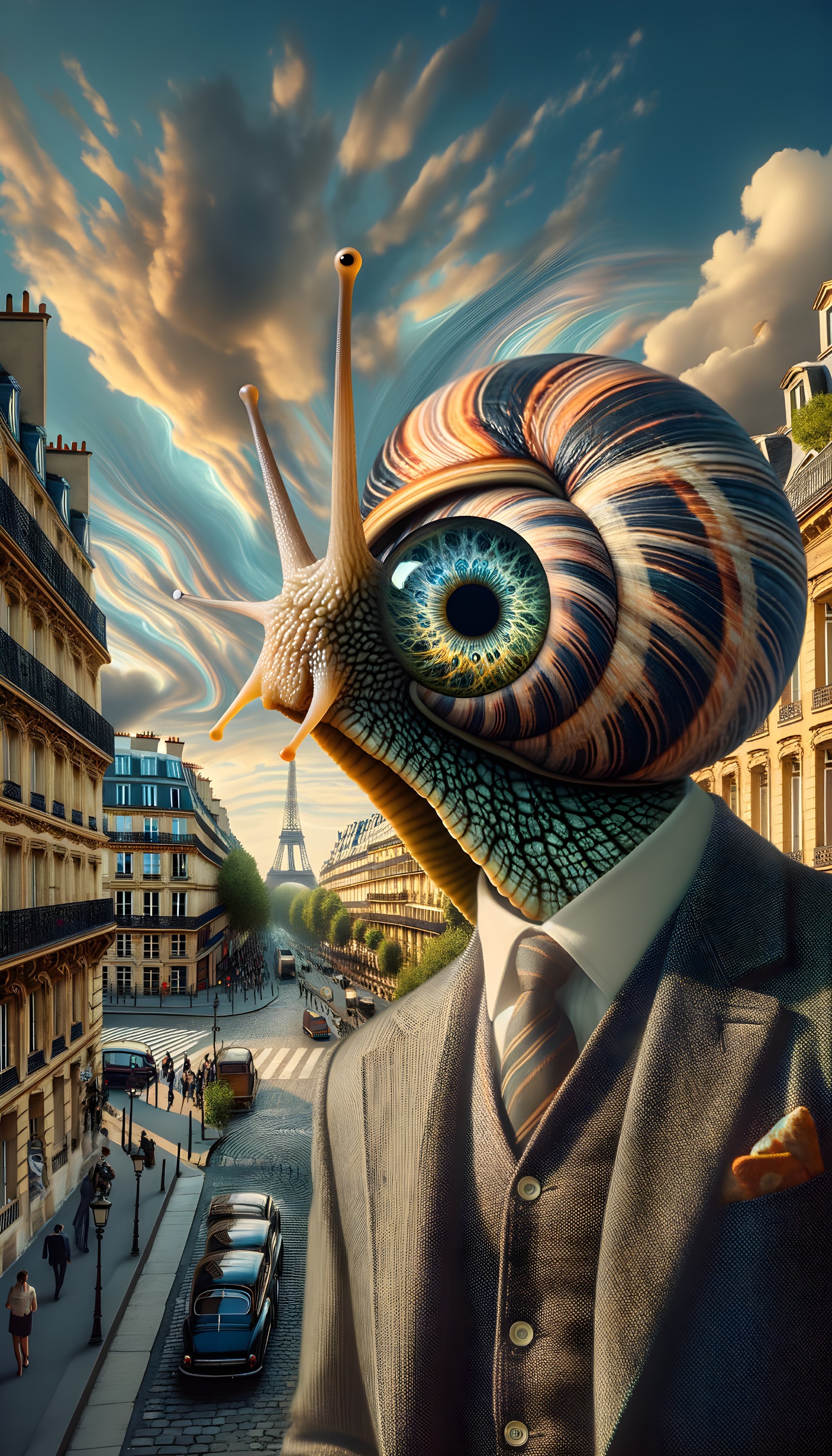 Giant Snail Head in Surreal Parisian Landscape