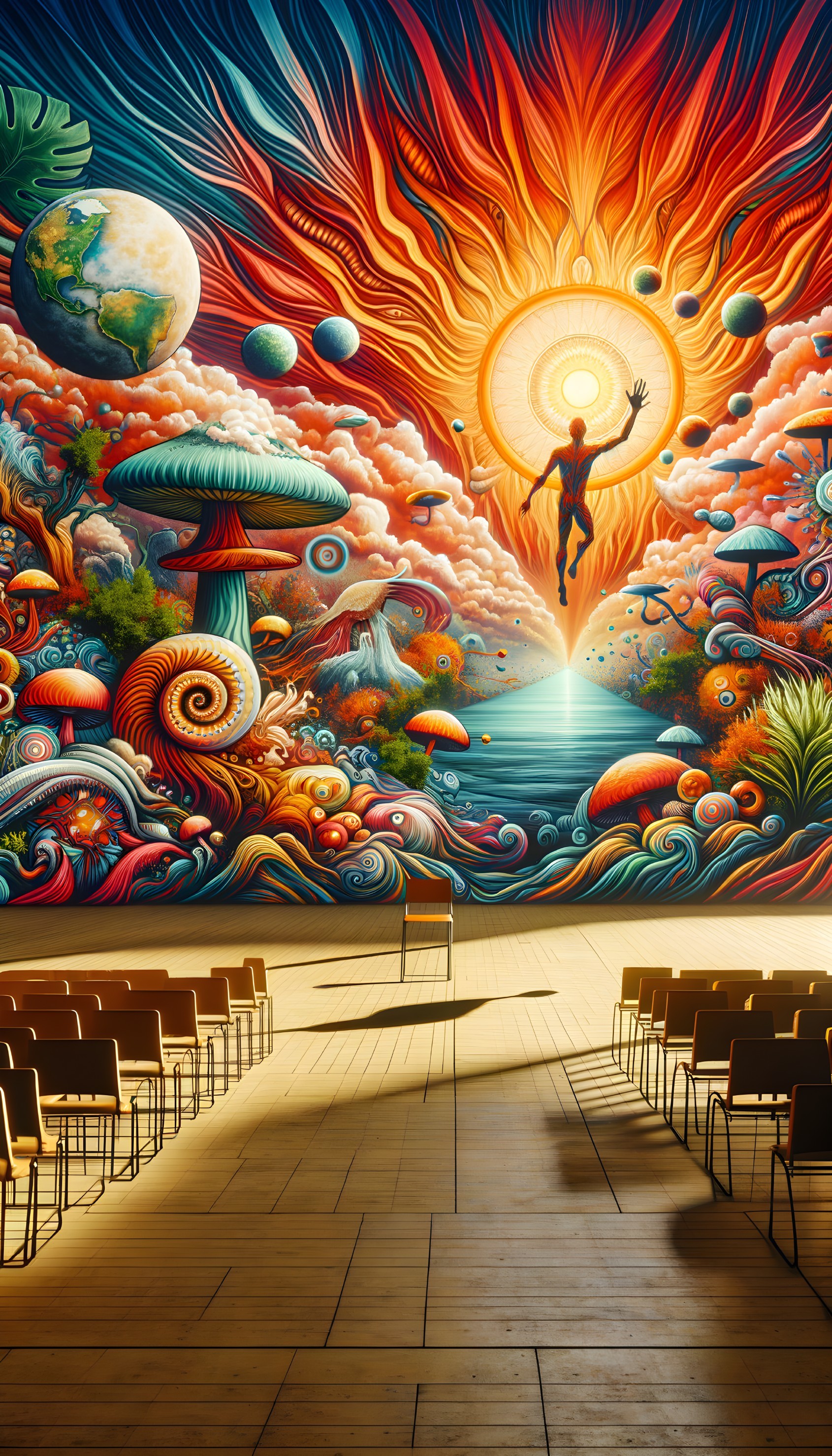 Vibrant Mural with Mushrooms and Celestial Elements