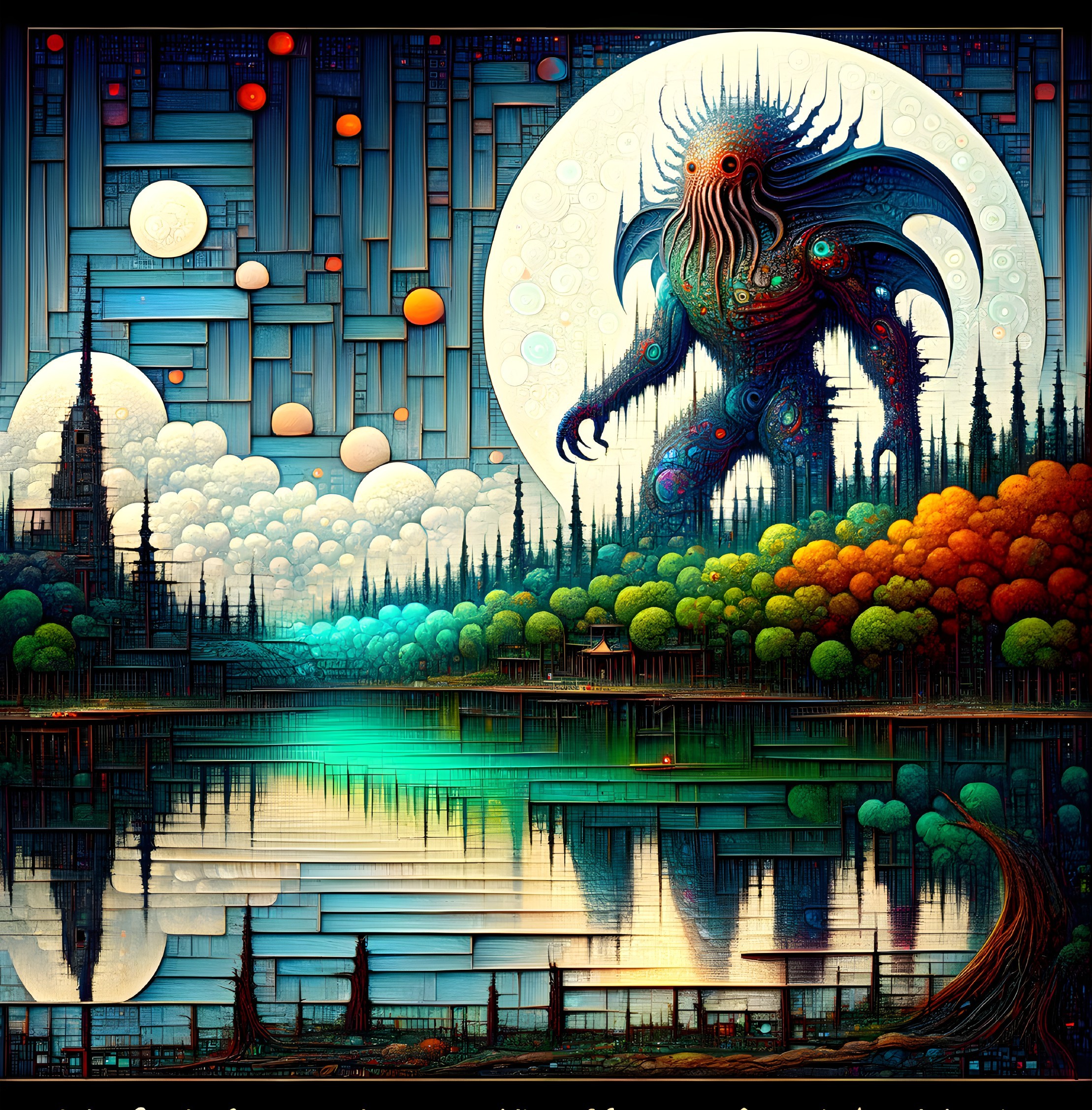 Surreal Landscape with Mystical Creature and Lake