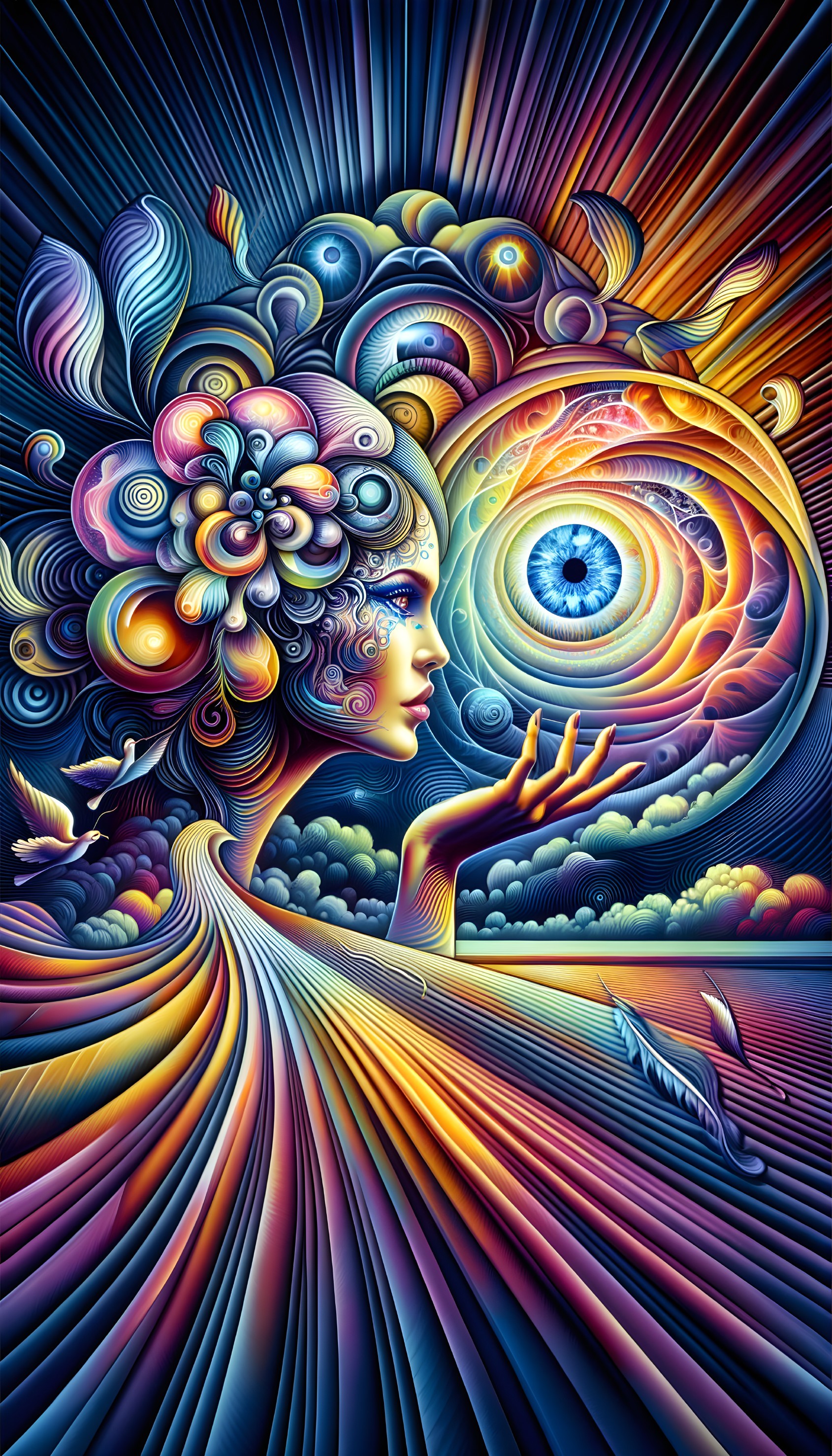 Psychedelic Illustration of Woman with Eye Headdress