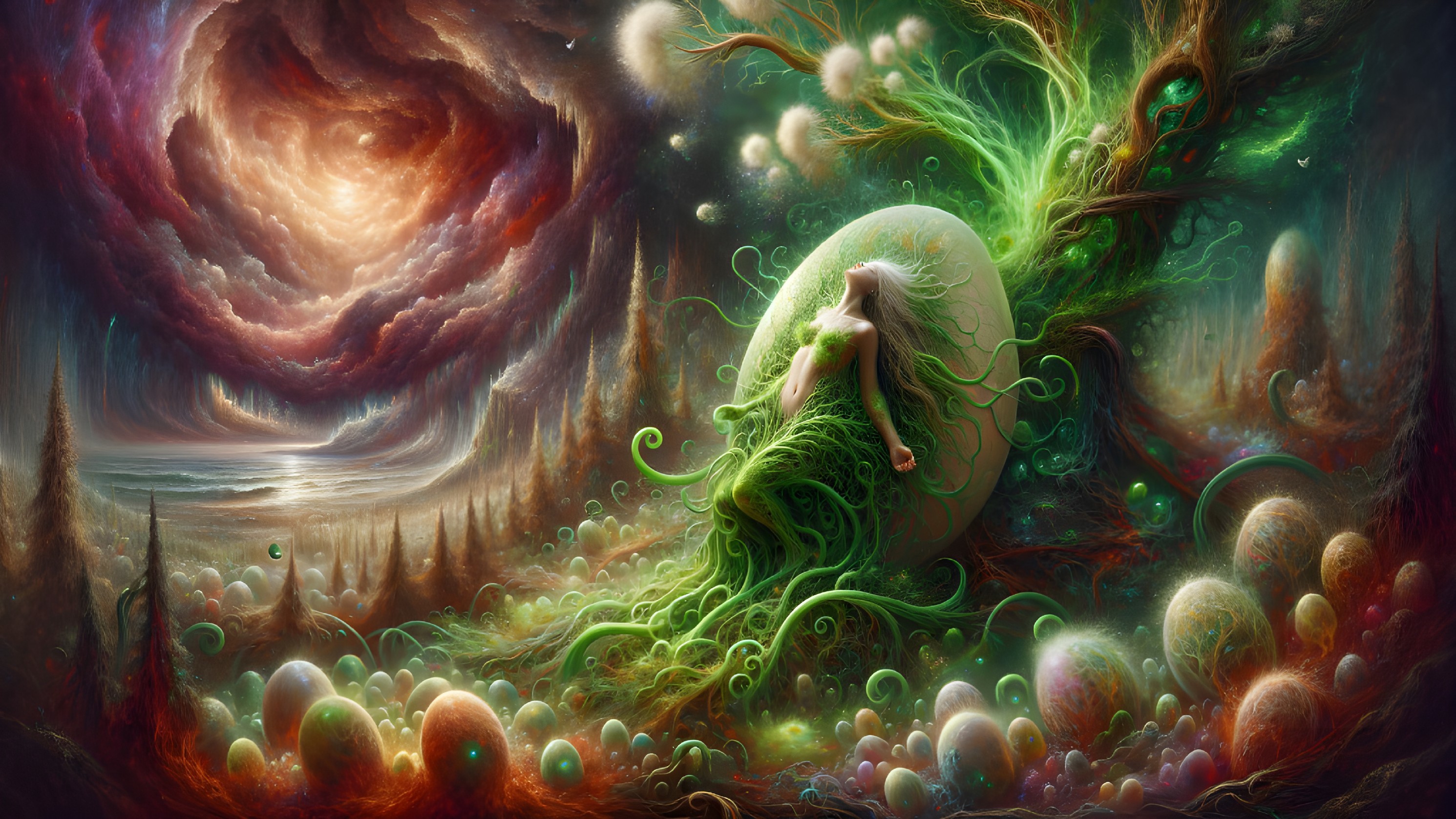 Celestial Scene with Woman and Glowing Orb