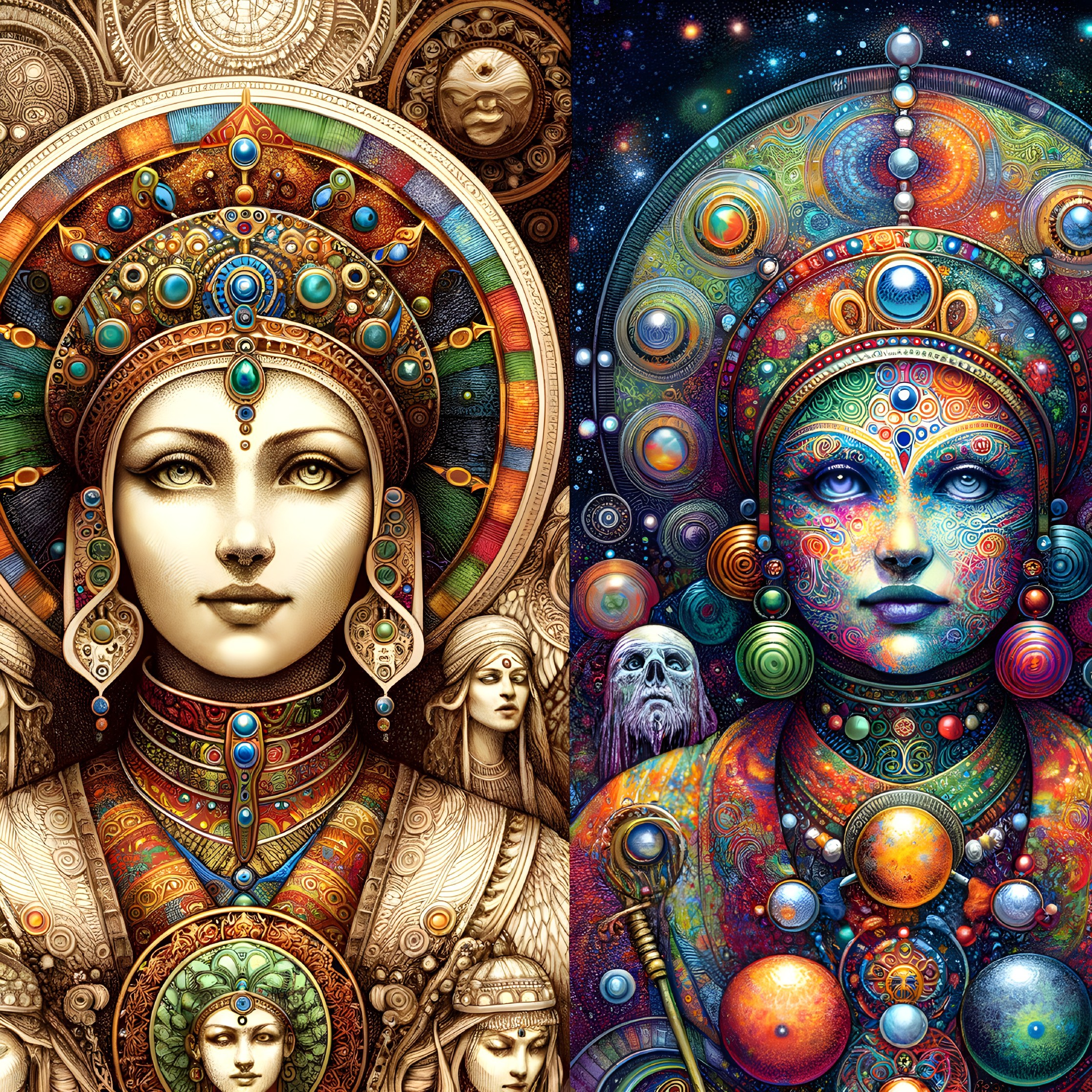Vibrant psychedelic portraits of women with cosmic and tribal motifs
