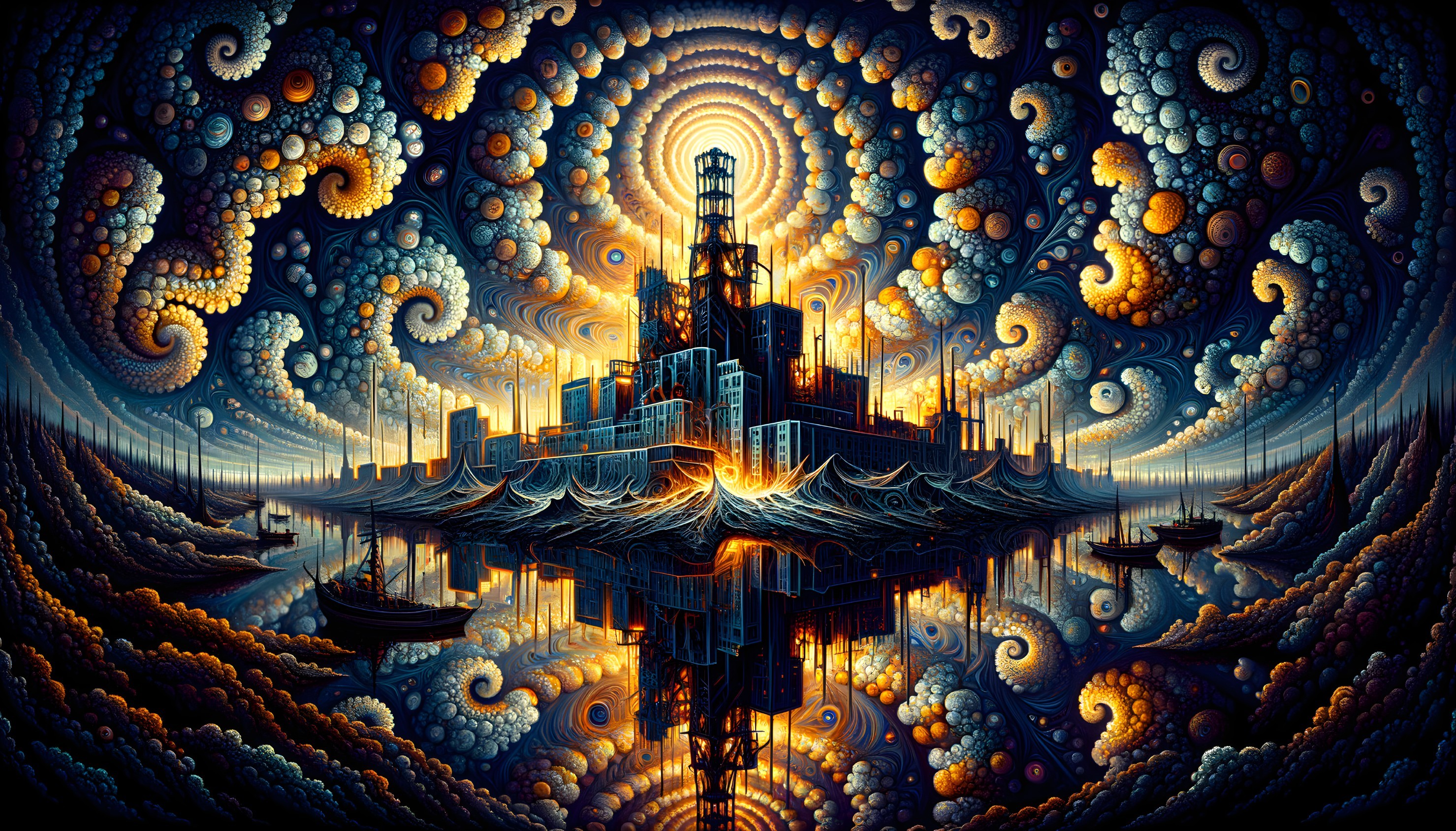 Colorful Fractal Art: Futuristic City in Symmetrical Composition