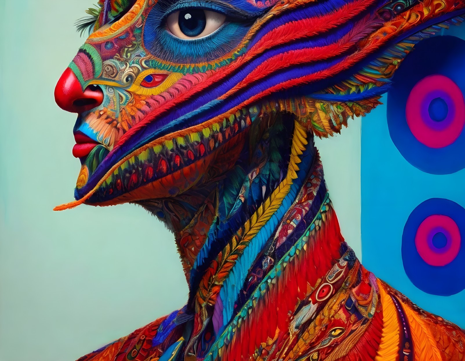 Colorful Portrait with Bird-Like Features: Vibrant painting of a person with feather-like patterns,