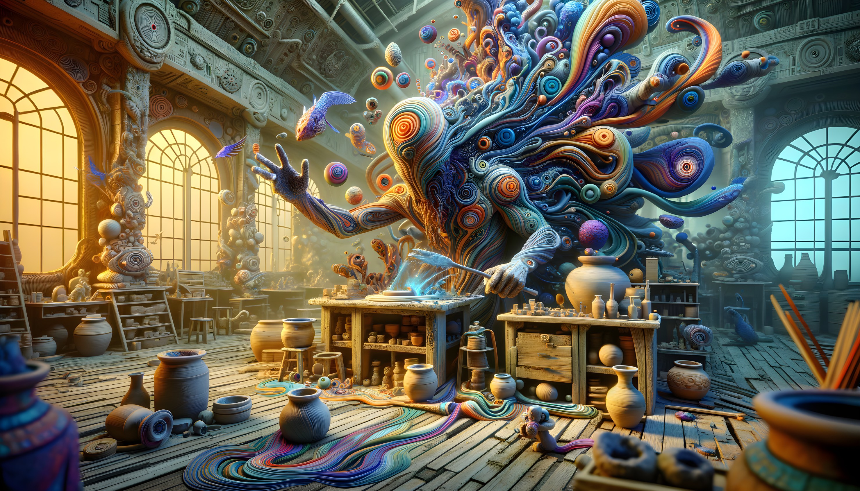 Abstract Figure in Colorful Workshop Setting