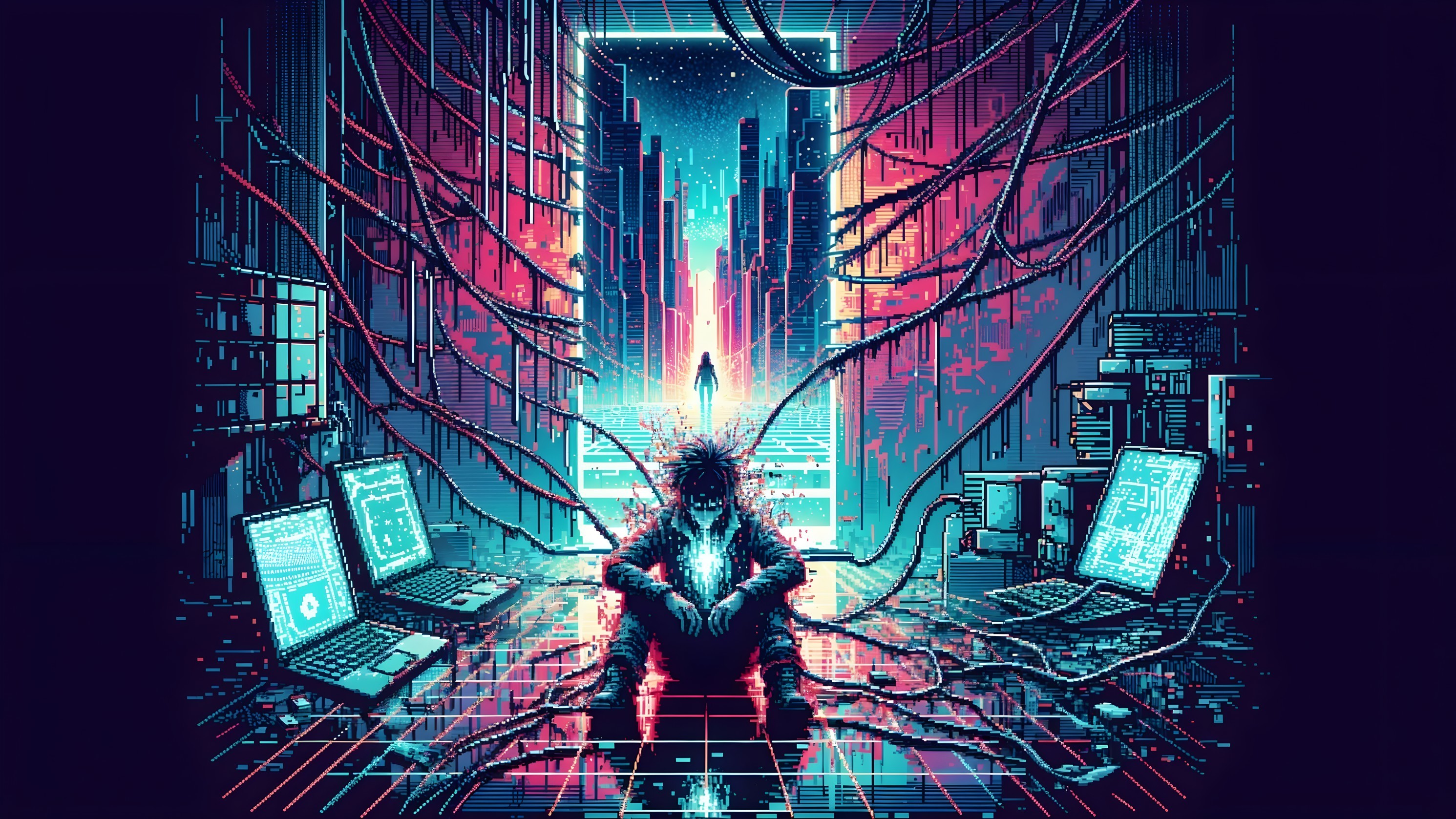 Cyberpunk Scene with Figure in High-Tech Environment