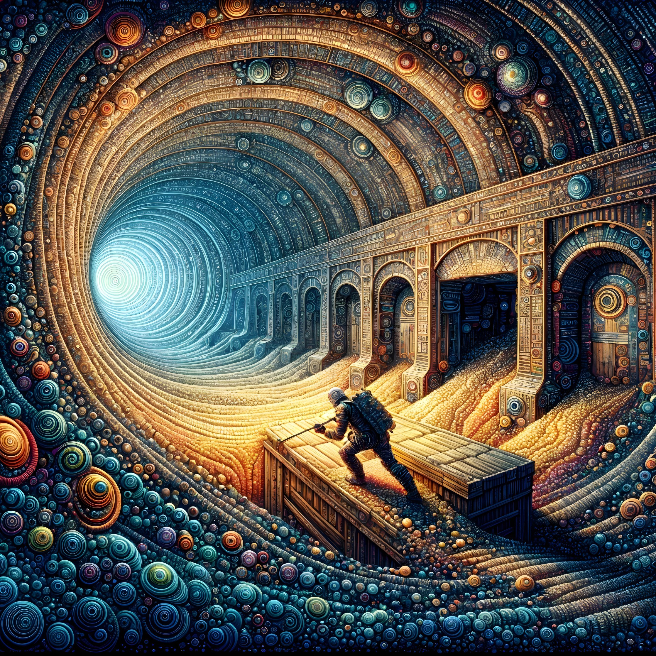 Surreal Scene of Figure in Crate Through Vibrant Tunnel