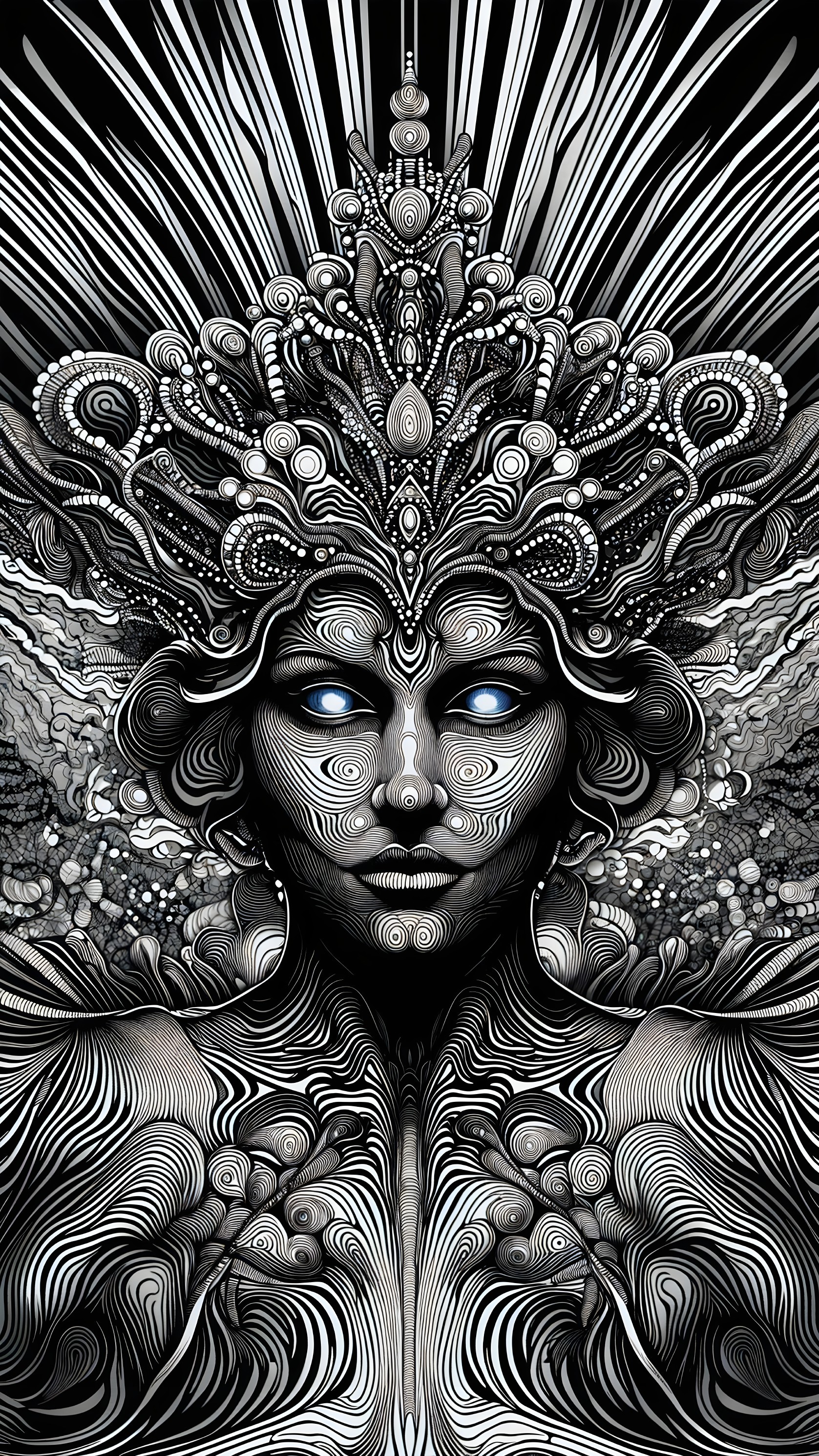 Black and White Illustration of a Crowned Female Figure