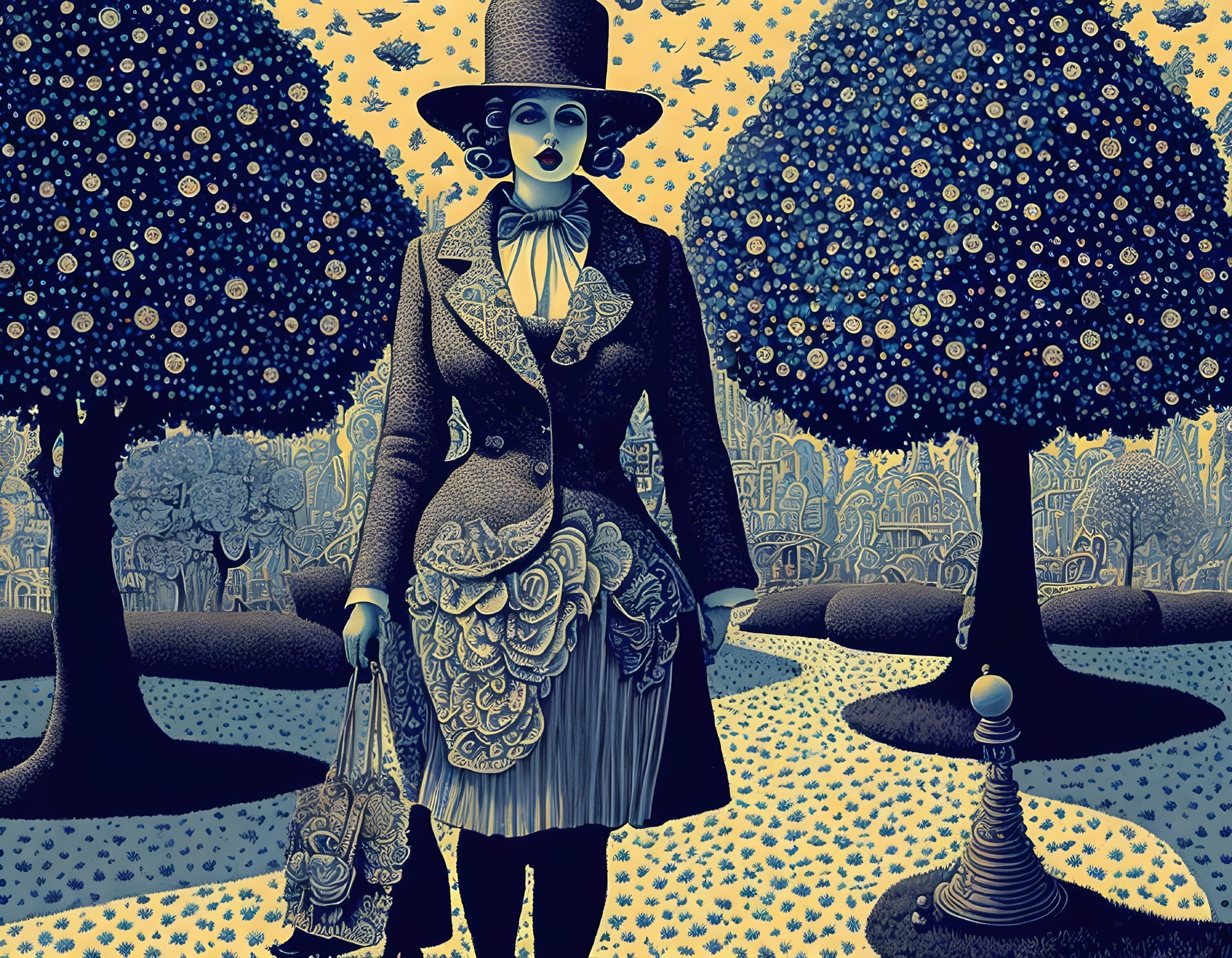 Surreal Scene of Woman in Vintage Outfit in Dreamlike Landscape