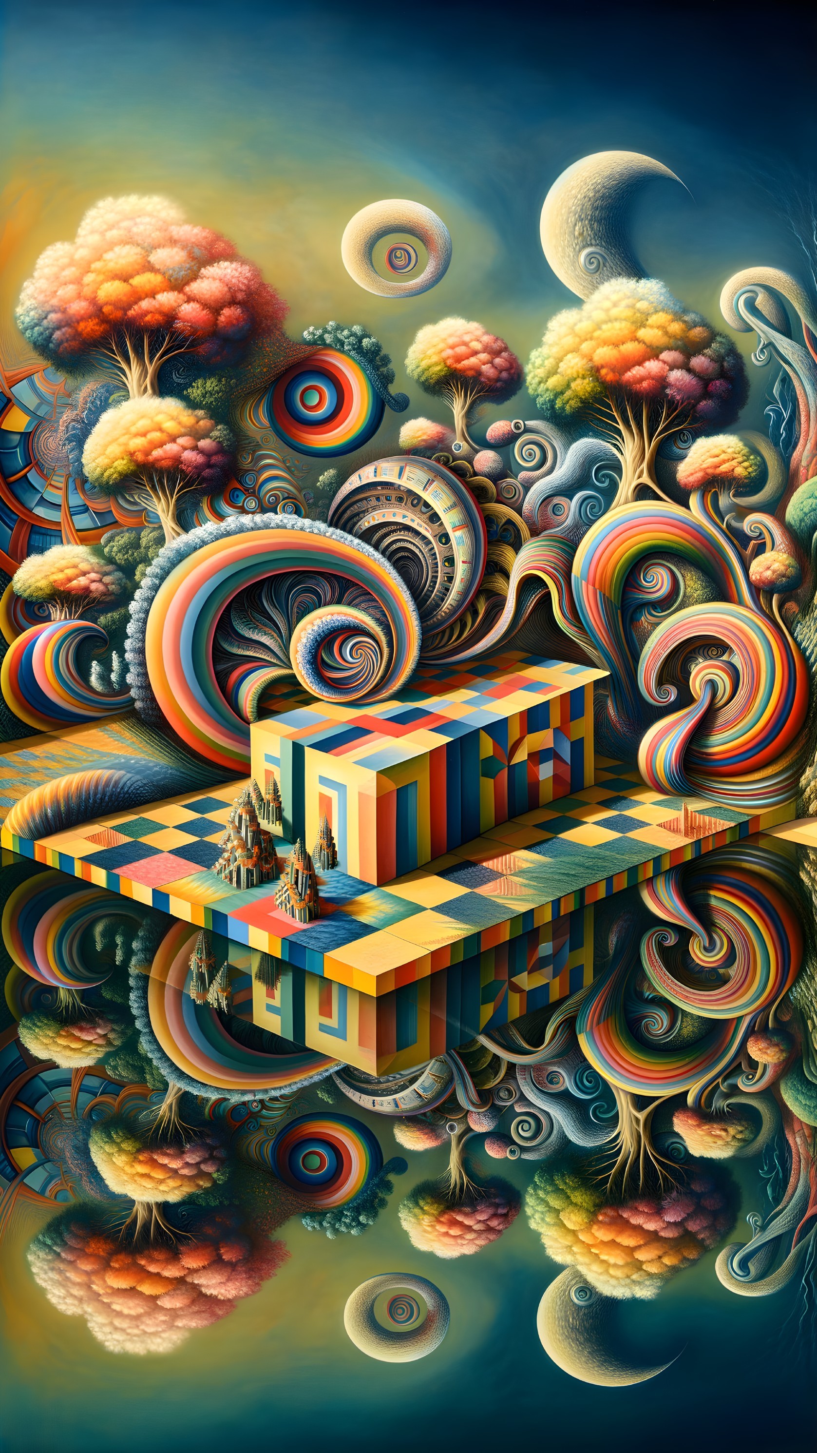 Vibrant Surreal Landscape with Whimsical Elements