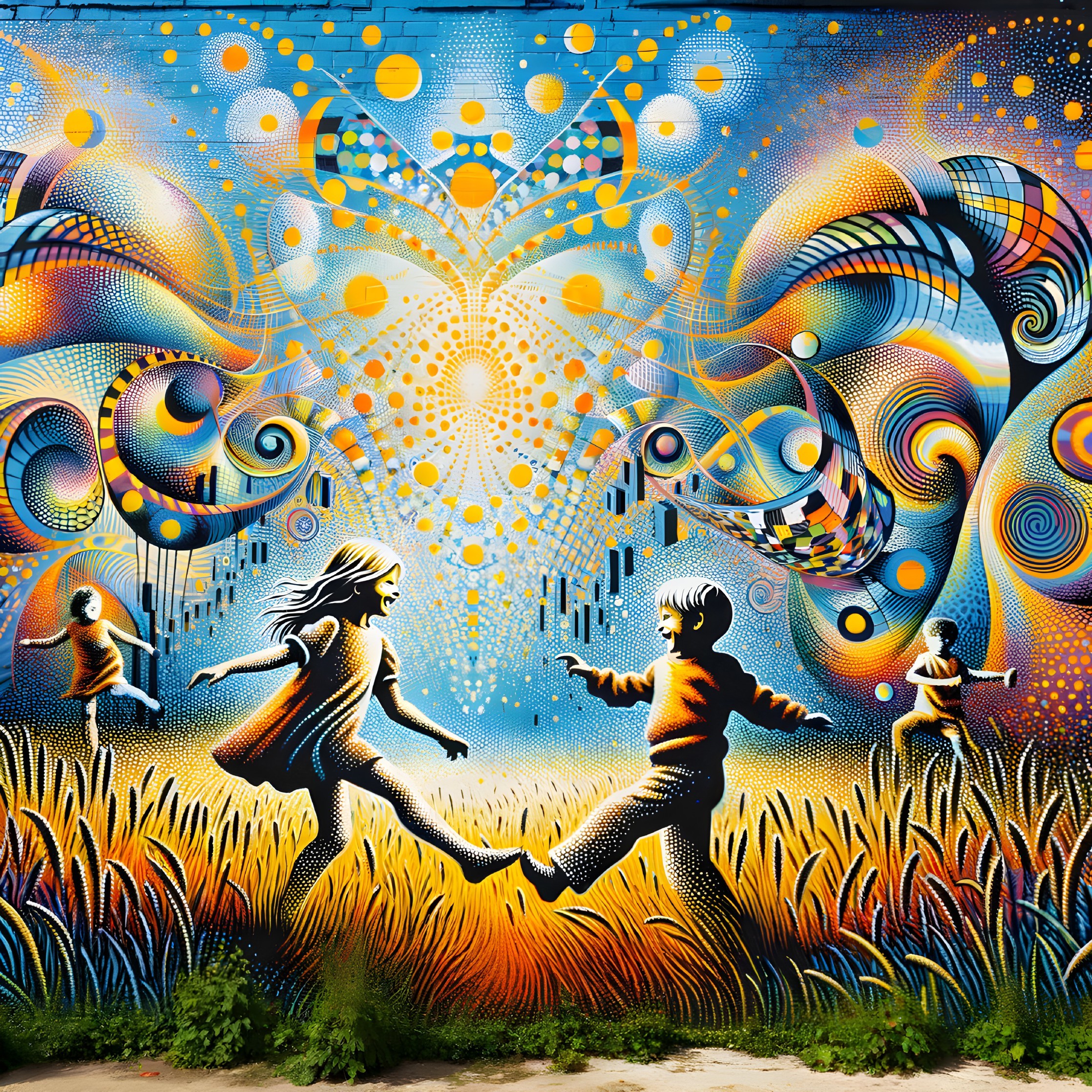 Children Playing in a Colorful Abstract Landscape Mural