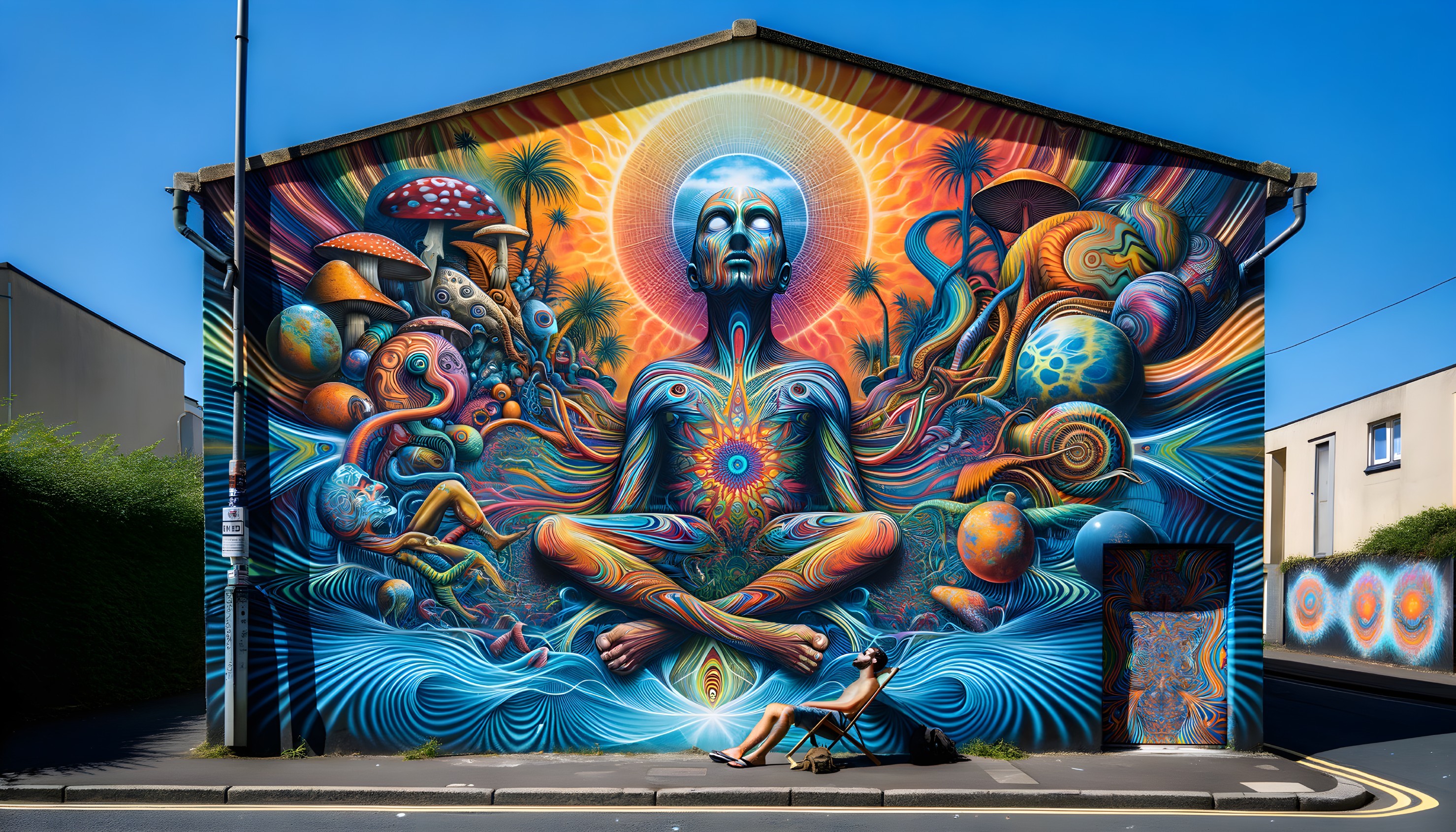 Meditative Figure in Colorful Mural with Cosmic Themes