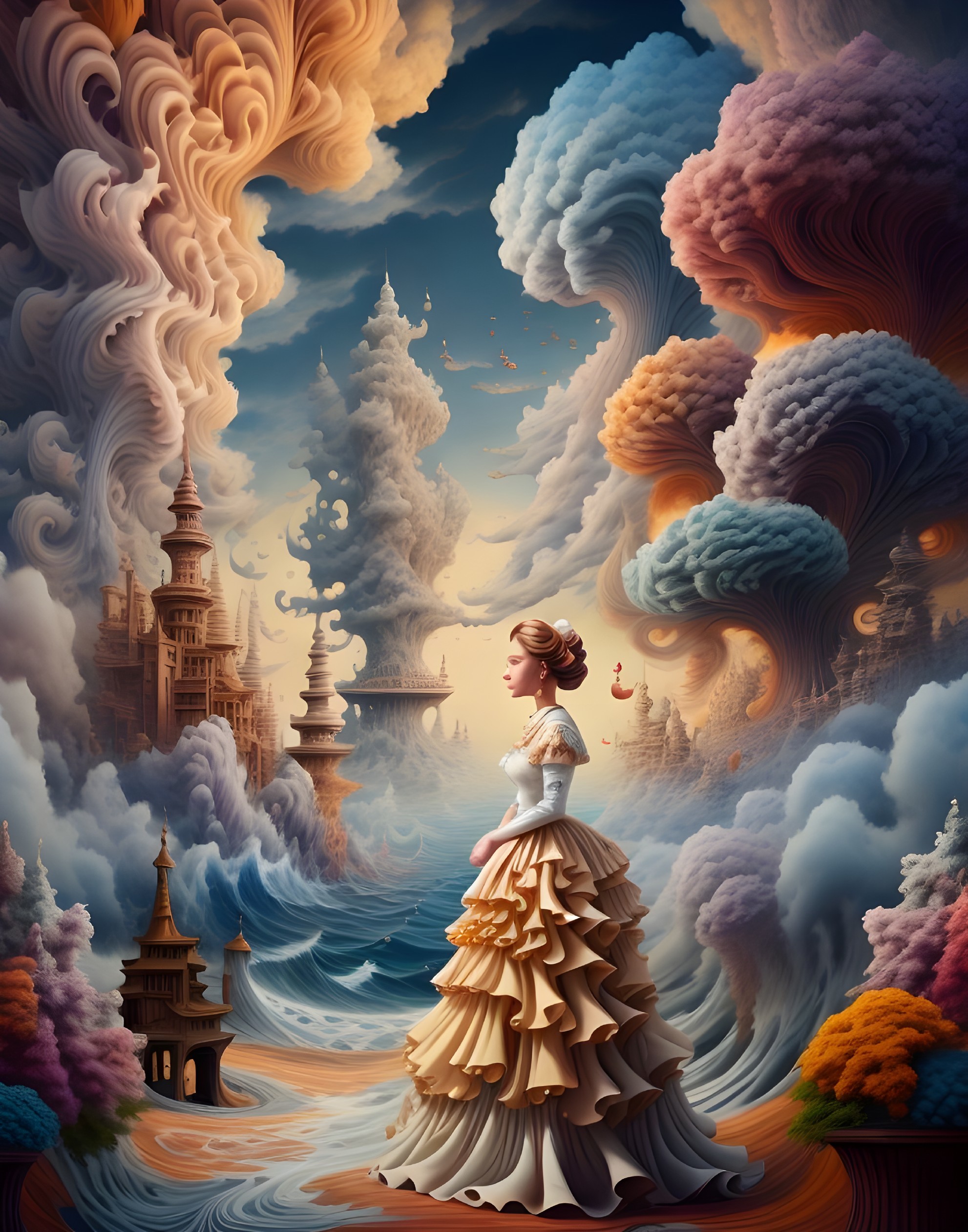 Surreal Landscape with Ethereal Woman in Colorful Scene