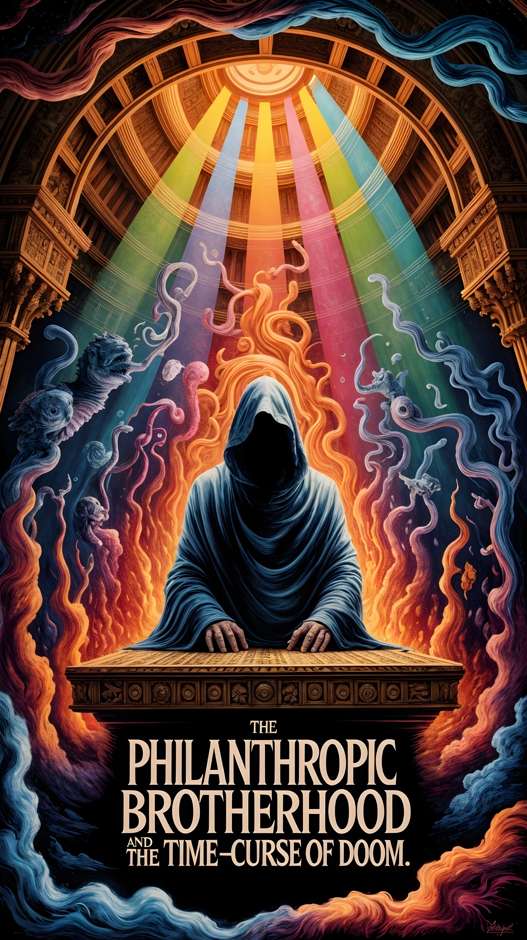 Mysterious Figure at Altar Surrounded by Flames