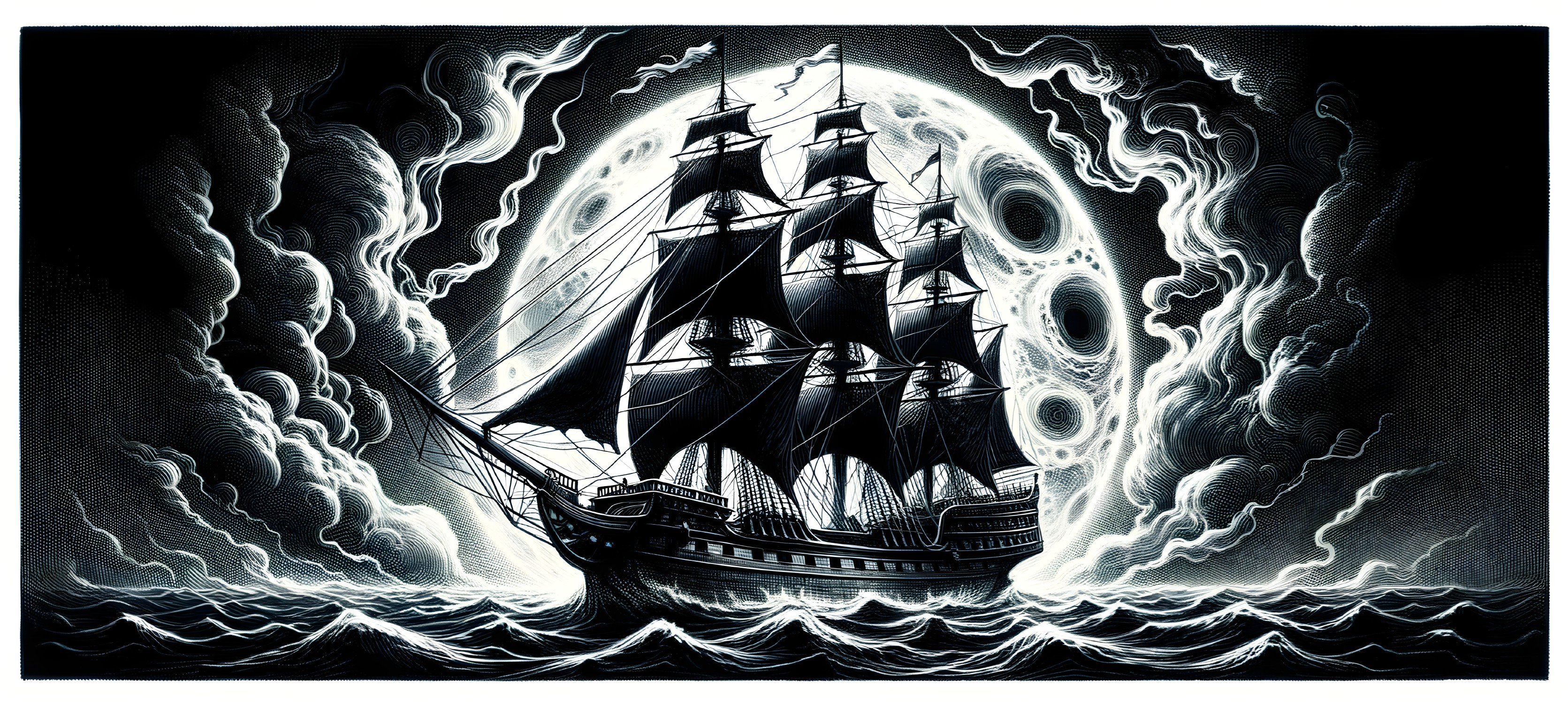 Monochrome Illustration of a Tall Ship at Sea