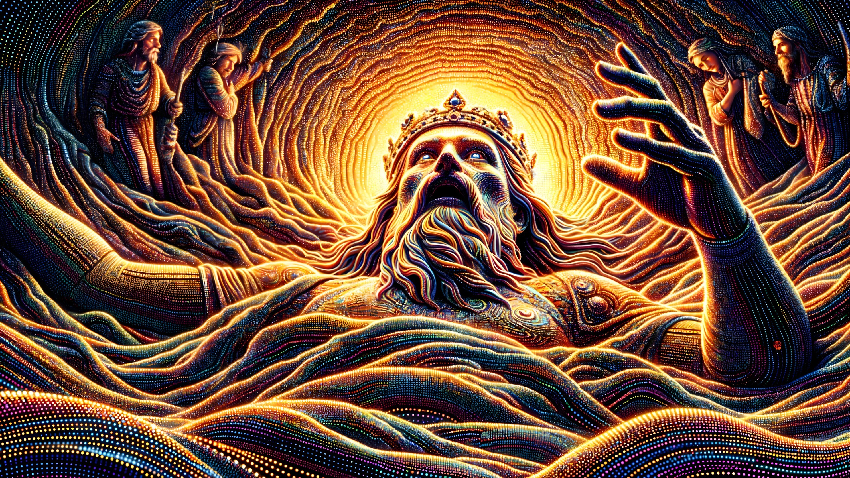 Majestic figure in vibrant waves with shadowy figures