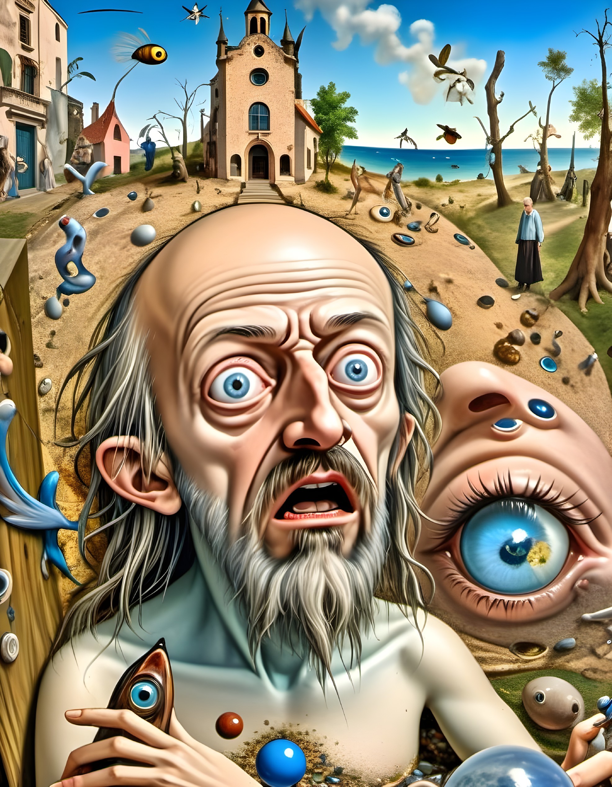 Surreal Landscape with Elderly Man and Colorful Objects