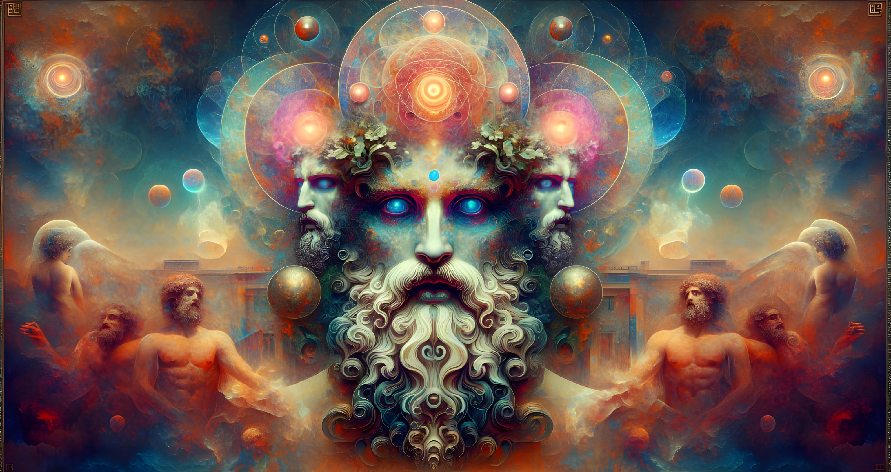 Surreal Artwork with Ethereal Figures and Cosmic Elements