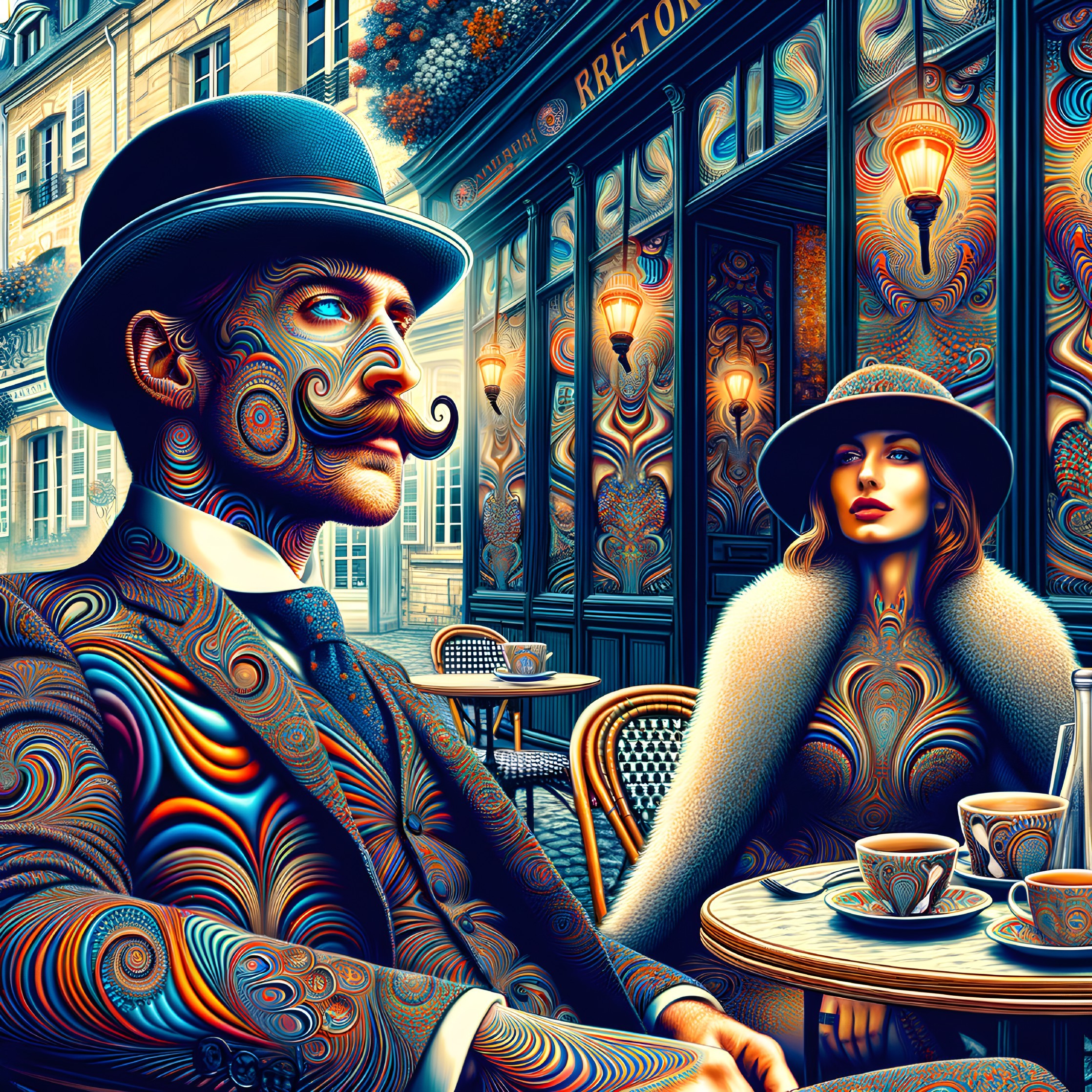 Surreal Cafe Scene with Stylishly Dressed Couple