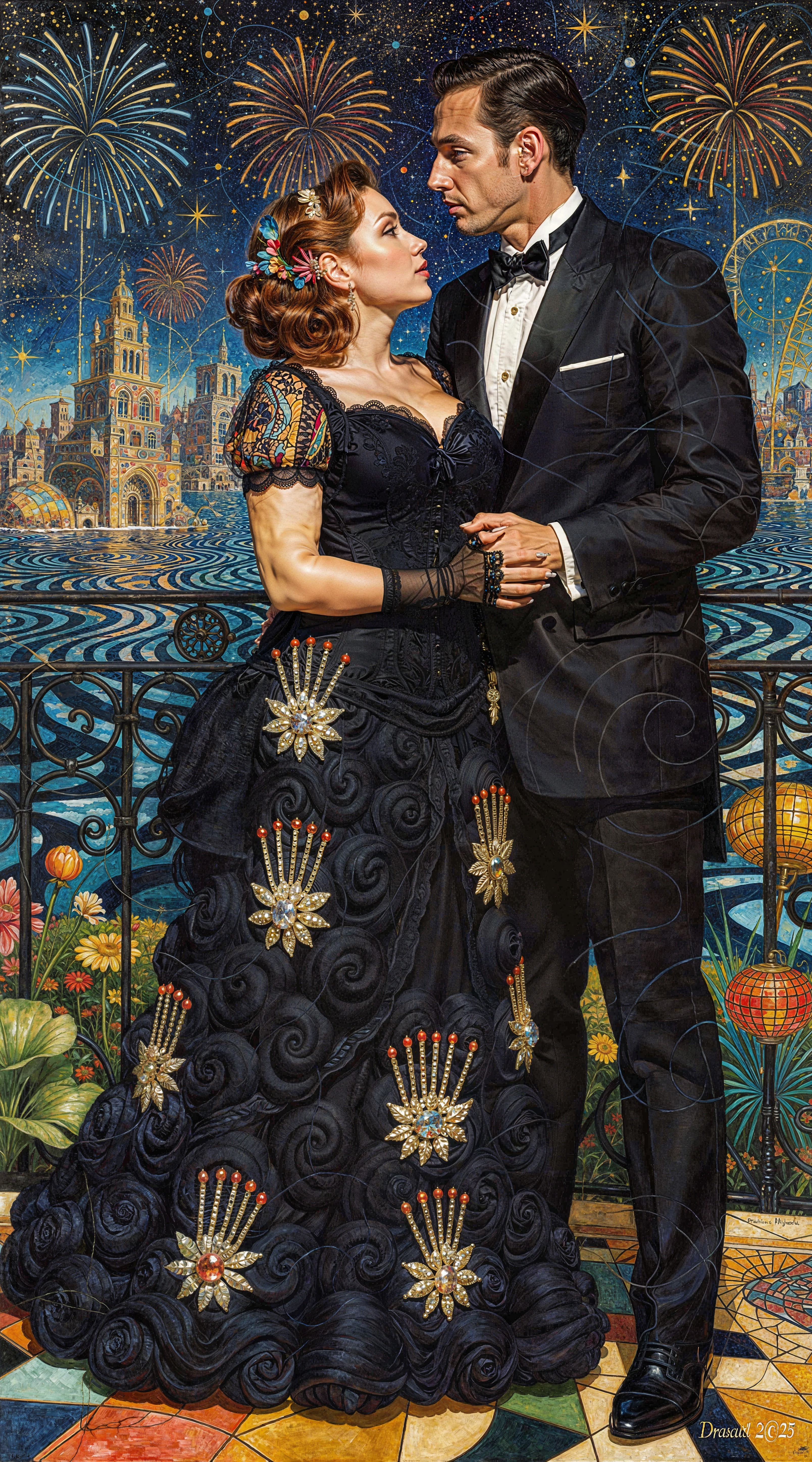 Elegant Couple on Balcony with Fantasy Cityscape