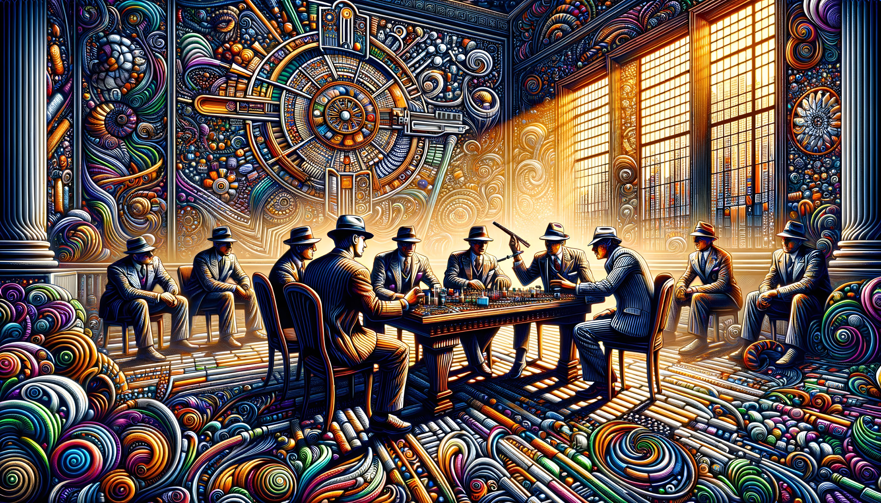Surreal Room with Men Playing Chess in Vibrant Colors