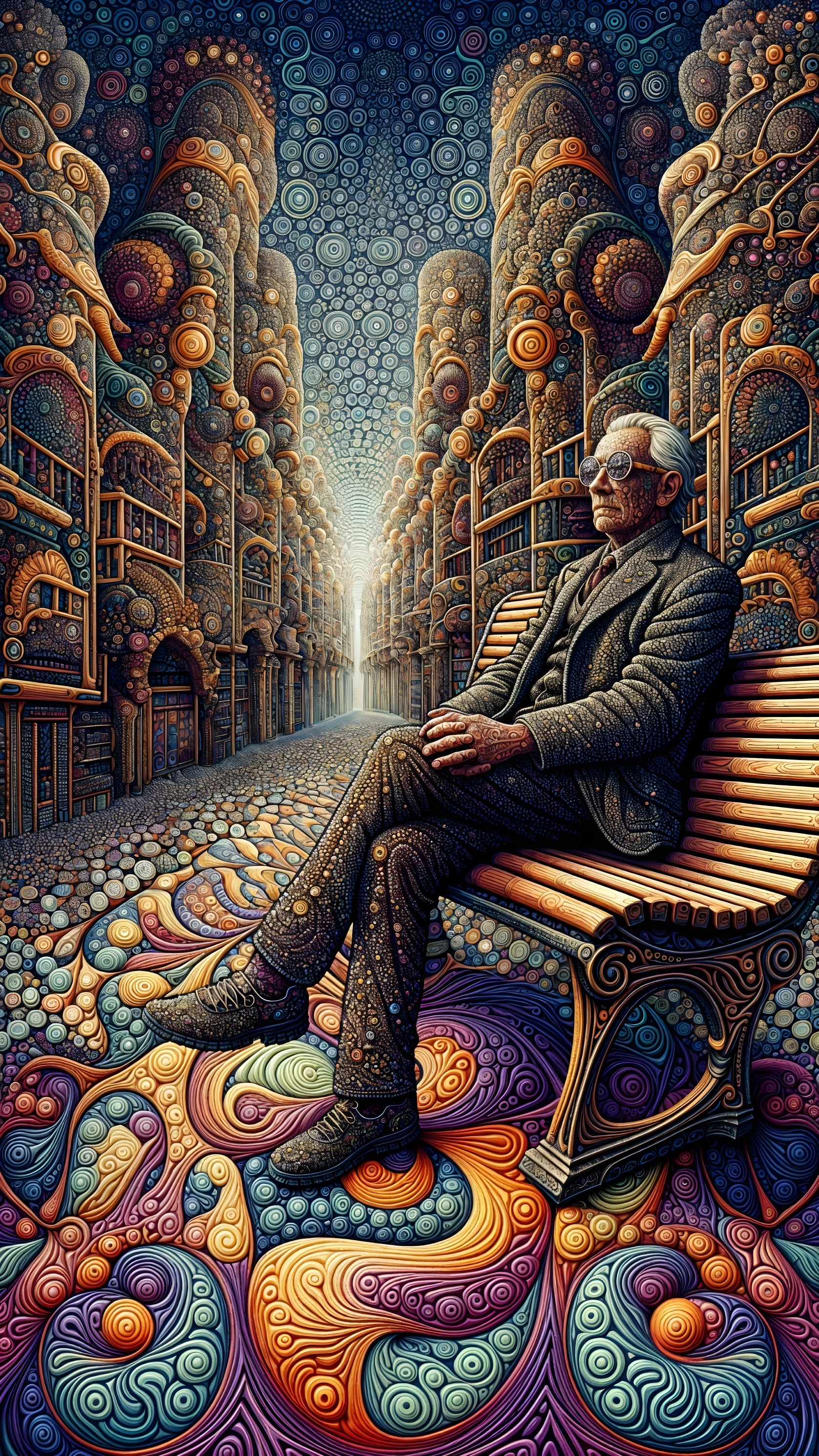 Elderly Man in Surreal Colorful Cityscape Setting