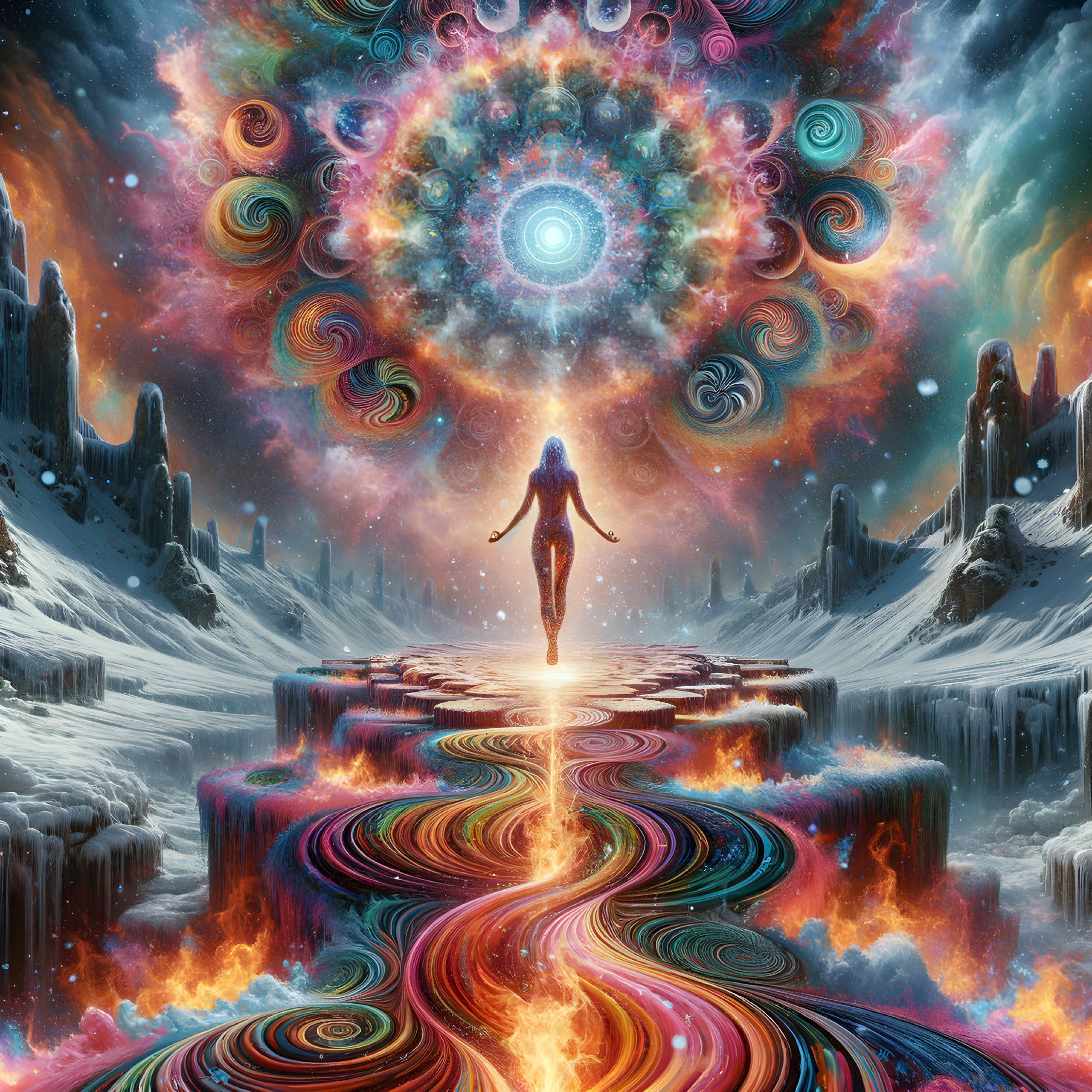 Vibrant Portal Above Icy Landscape with Colorful Path